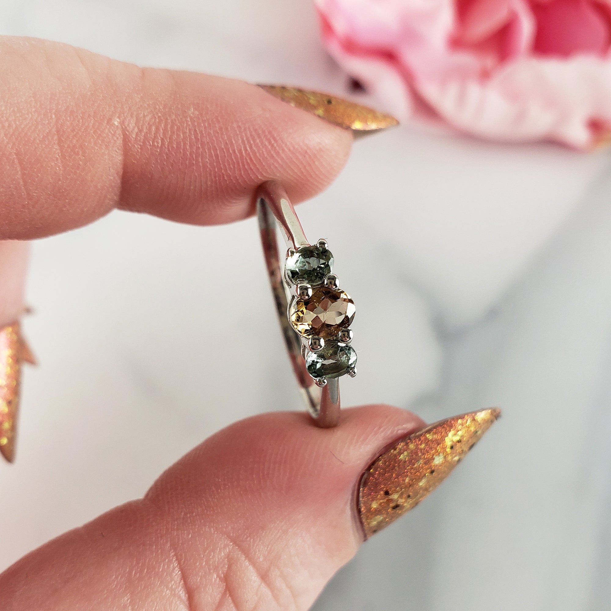 Yellow Tourmaline &amp; Blue-Green Tourmaline Crystal Natural Gemstone 925 Sterling Silver Ring | Size 10 - 3