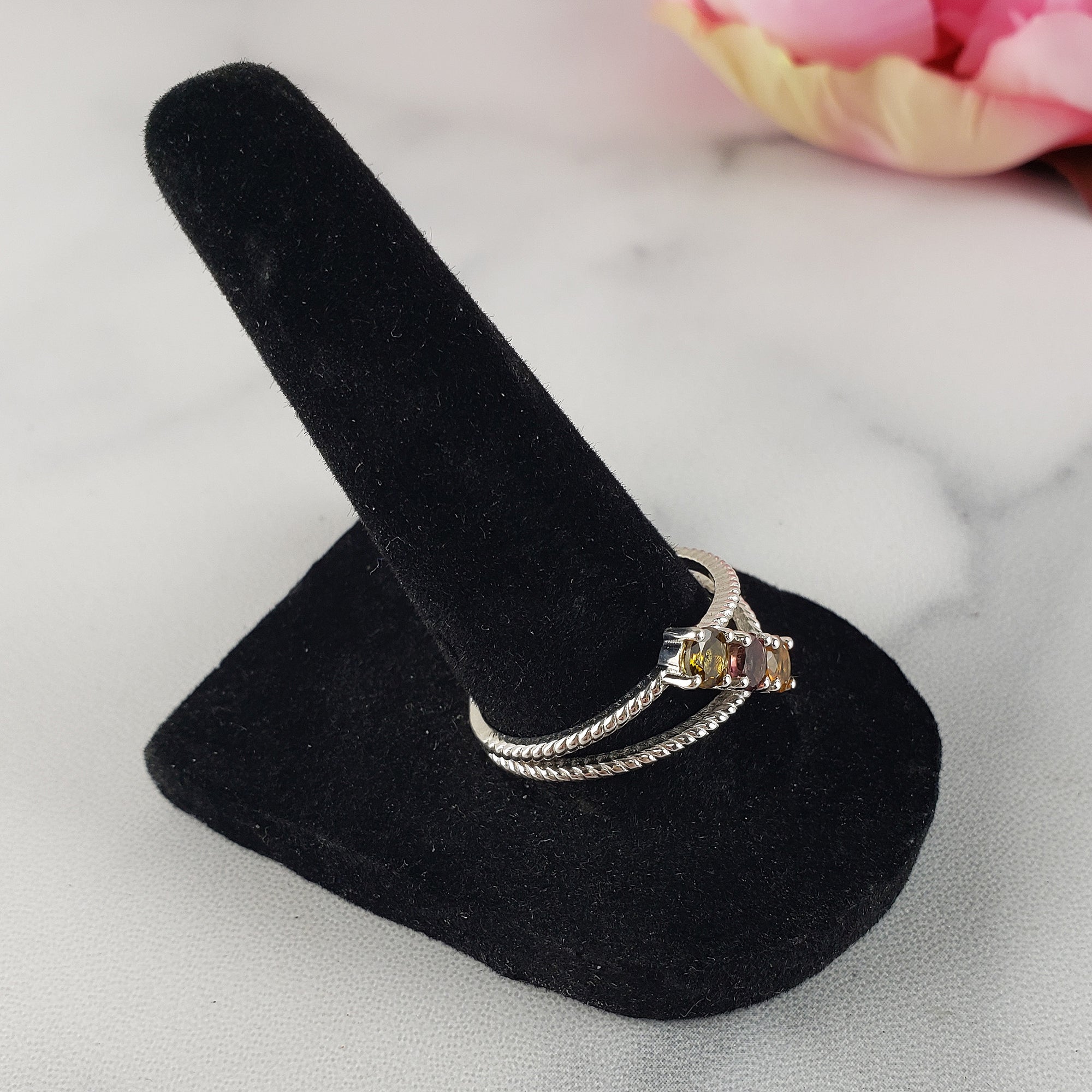 Yellow Tourmaline, Pink Tourmaline, &amp; Green Tourmaline Crystal Natural Gemstone 925 Sterling Silver Ring | Size 10 - 1