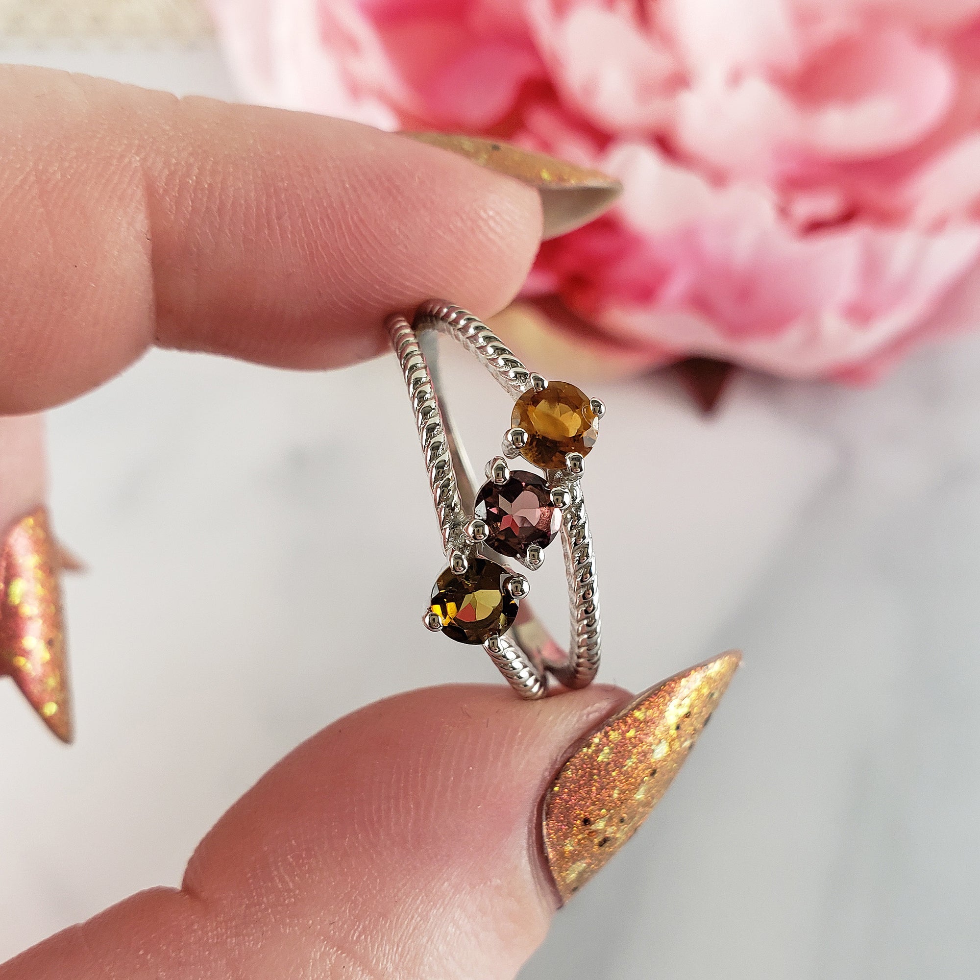 Yellow Tourmaline, Pink Tourmaline, &amp; Green Tourmaline Crystal Natural Gemstone 925 Sterling Silver Ring | Size 10 - 2