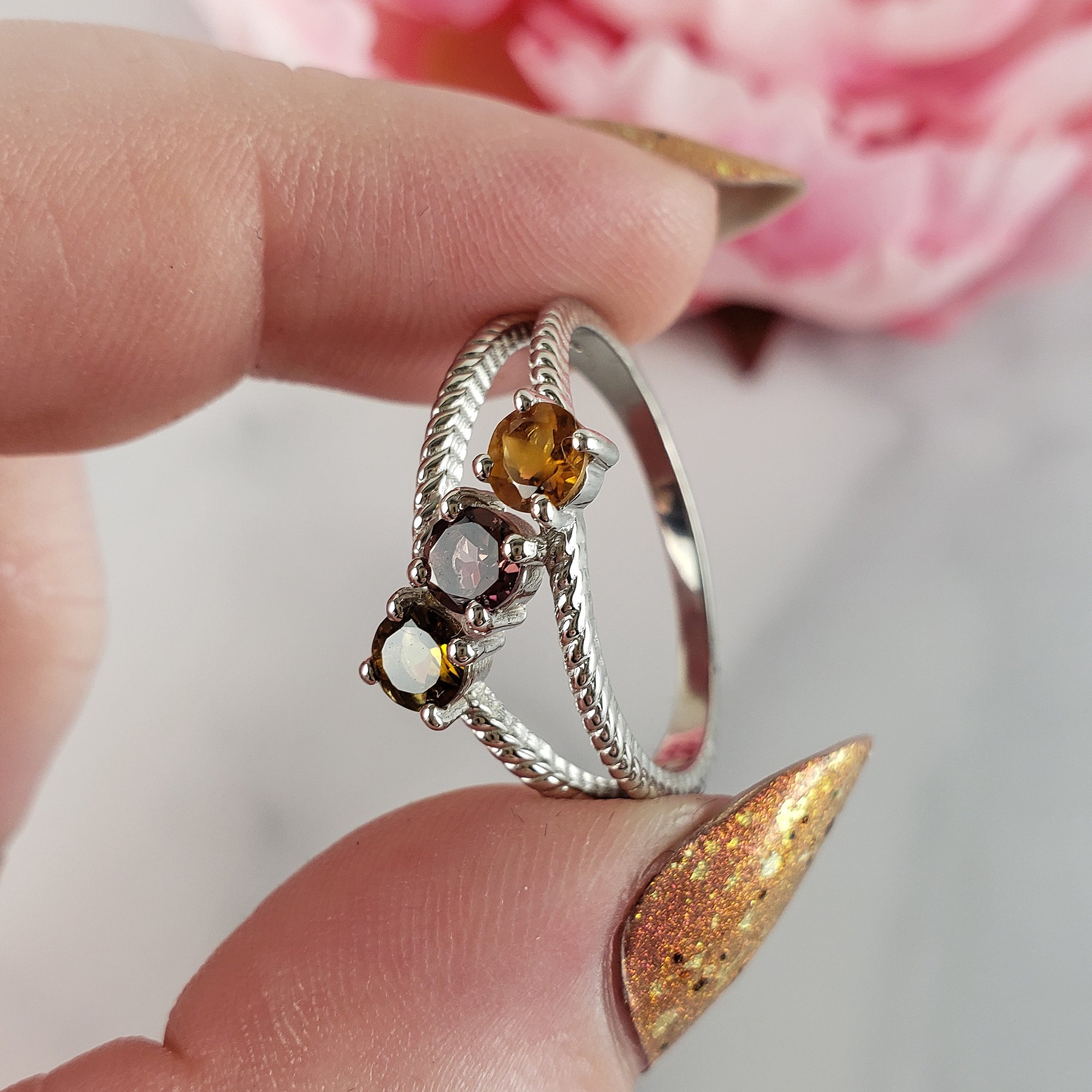 Yellow Tourmaline, Pink Tourmaline, &amp; Green Tourmaline Crystal Natural Gemstone 925 Sterling Silver Ring | Size 10 - 3