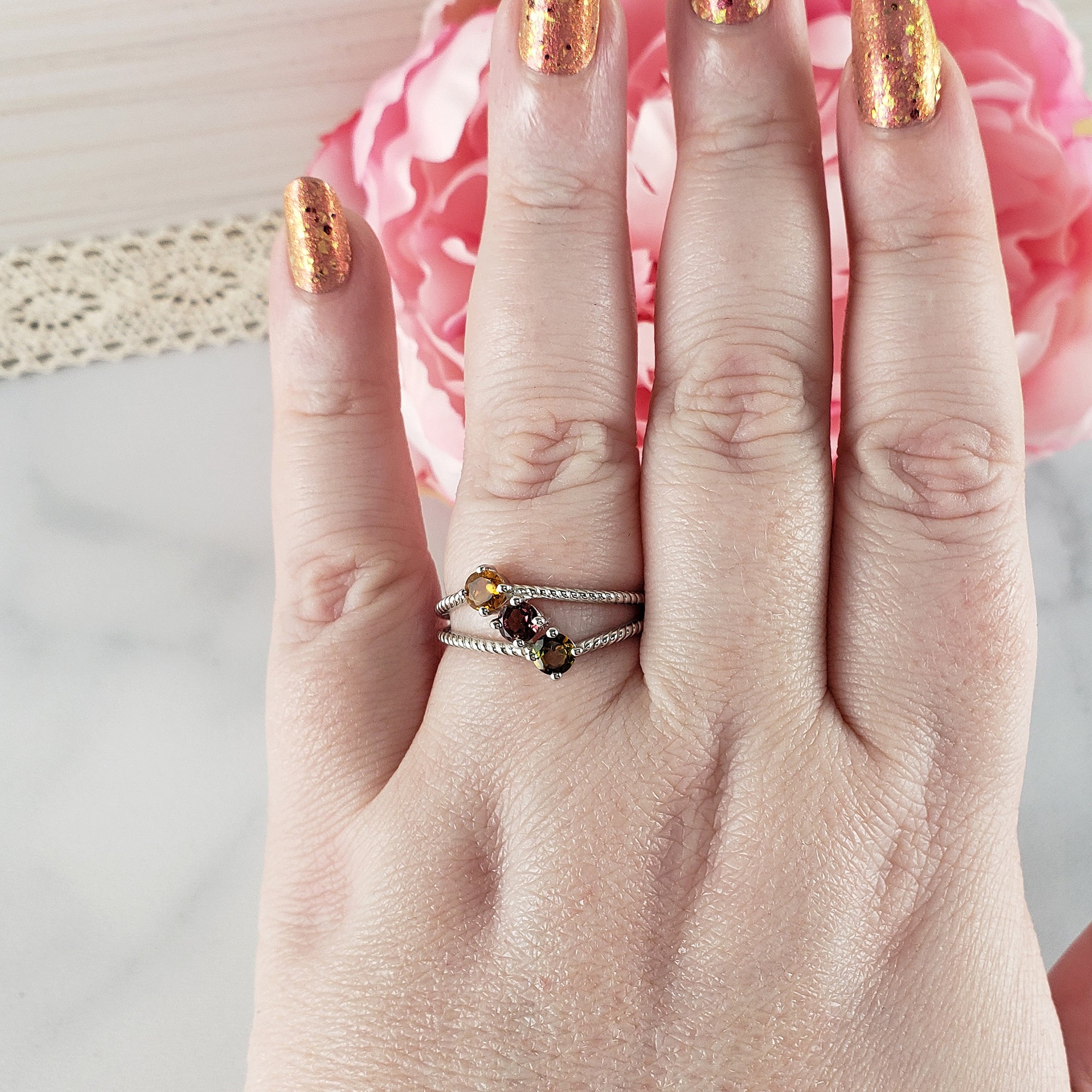 Yellow Tourmaline, Pink Tourmaline, &amp; Green Tourmaline Crystal Natural Gemstone 925 Sterling Silver Ring | Size 10 - 4