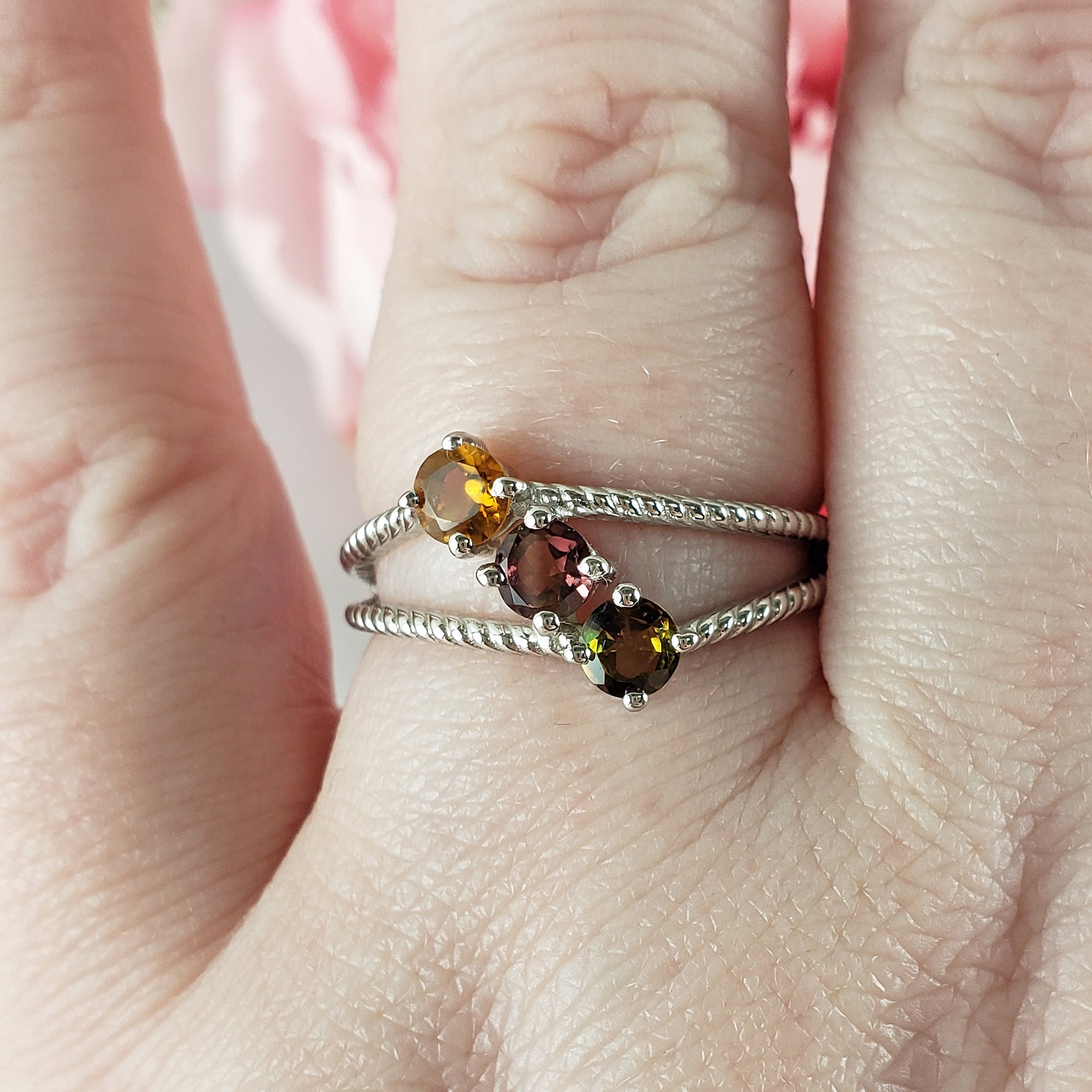 Yellow Tourmaline, Pink Tourmaline, & Green Tourmaline Crystal Natural Gemstone 925 Sterling Silver Ring | Size 10 - 5