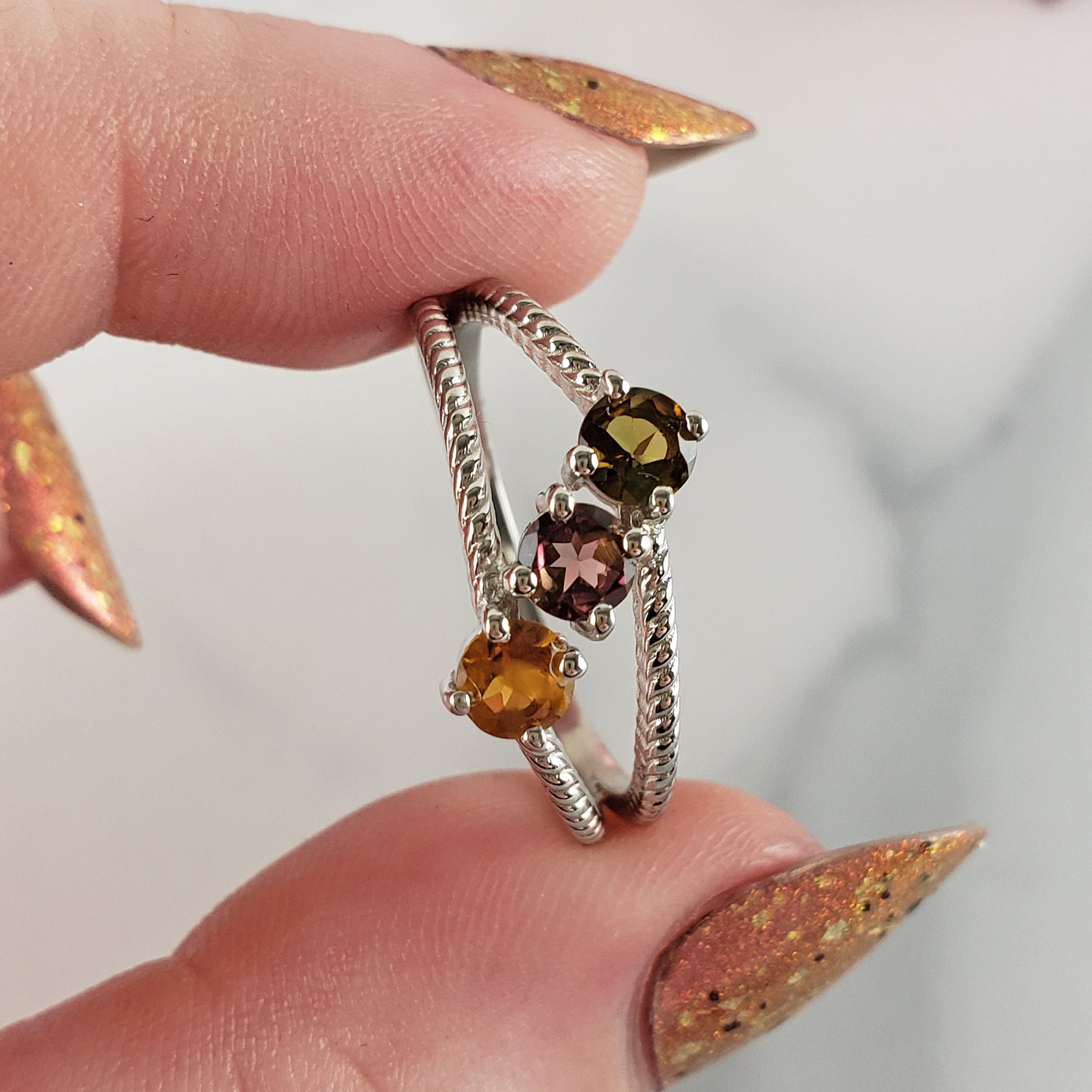 Yellow Tourmaline, Pink Tourmaline, & Green Tourmaline Crystal Natural Gemstone 925 Sterling Silver Ring | Size 10 - 6