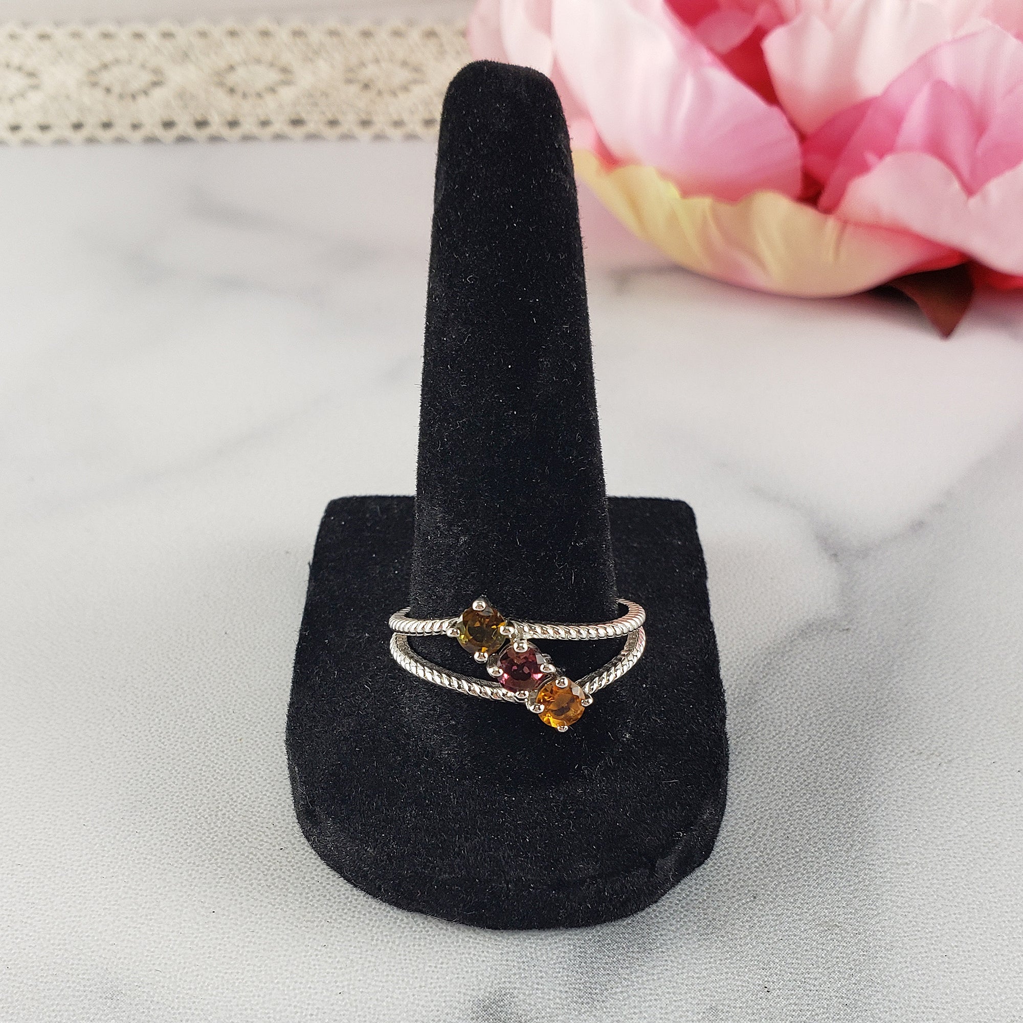 Yellow Tourmaline, Pink Tourmaline, & Green Tourmaline Crystal Natural Gemstone 925 Sterling Silver Ring | Size 10