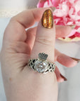 Unique White Topaz Crystal Natural Gemstone 925 Sterling Silver Claddagh Ring | Size 14 - 2