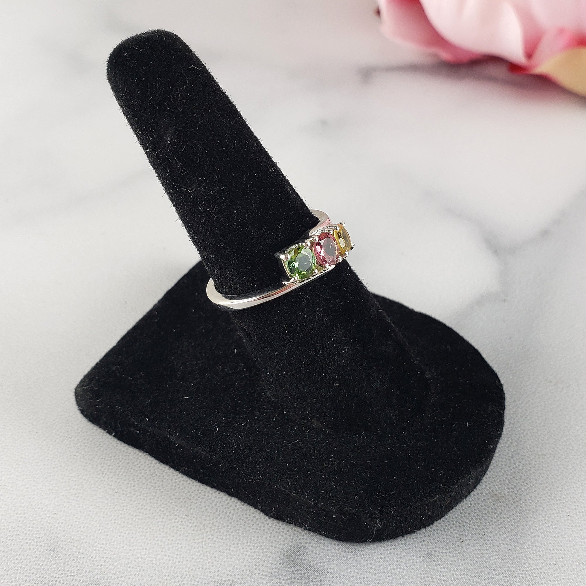 Green Tourmaline, Pink Tourmaline, &amp; Yellow Tourmaline Crystal Natural Gemstone 925 Sterling Silver Ring | Size 5 - 3