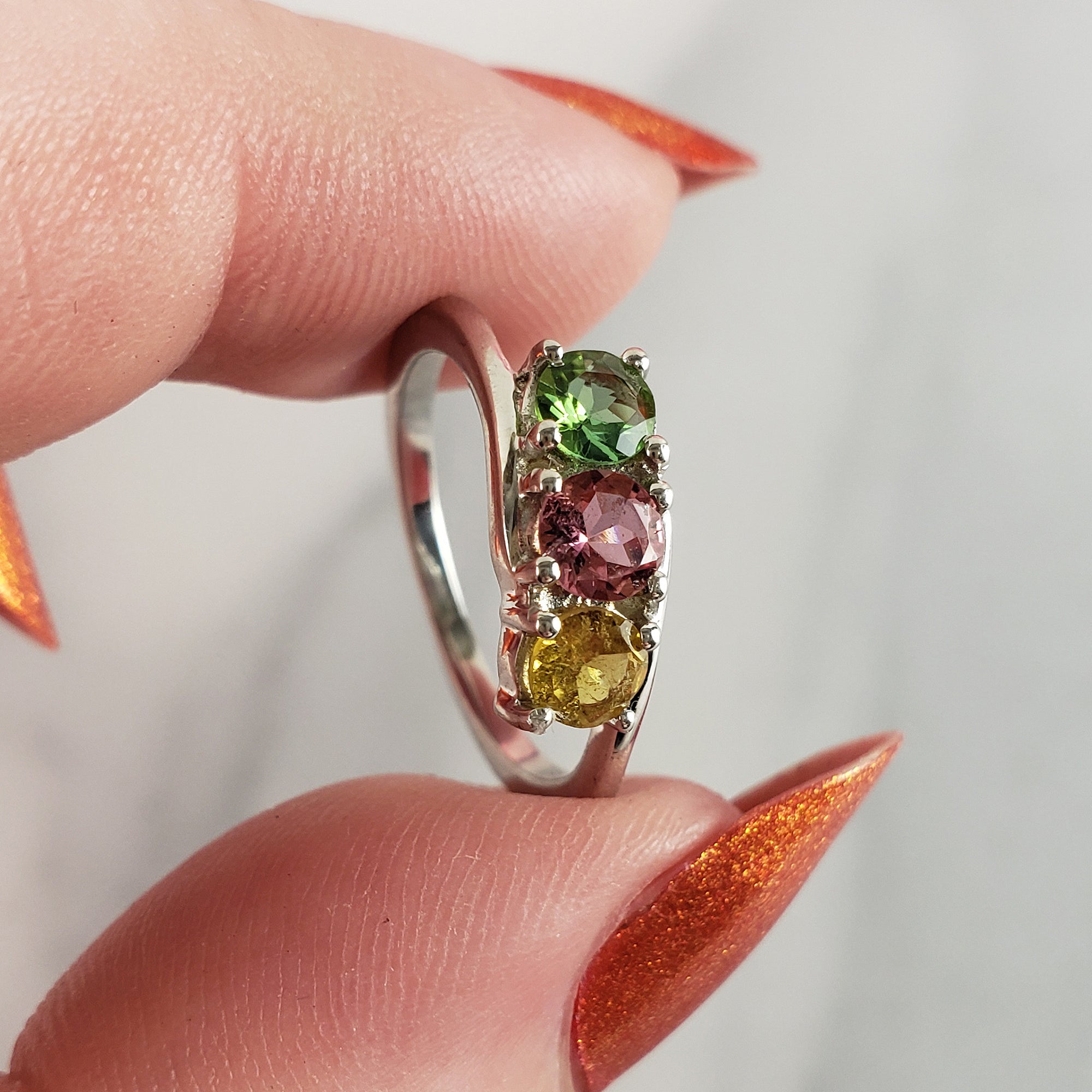 Green Tourmaline, Pink Tourmaline, & Yellow Tourmaline Crystal Natural Gemstone 925 Sterling Silver Ring | Size 5 - 1