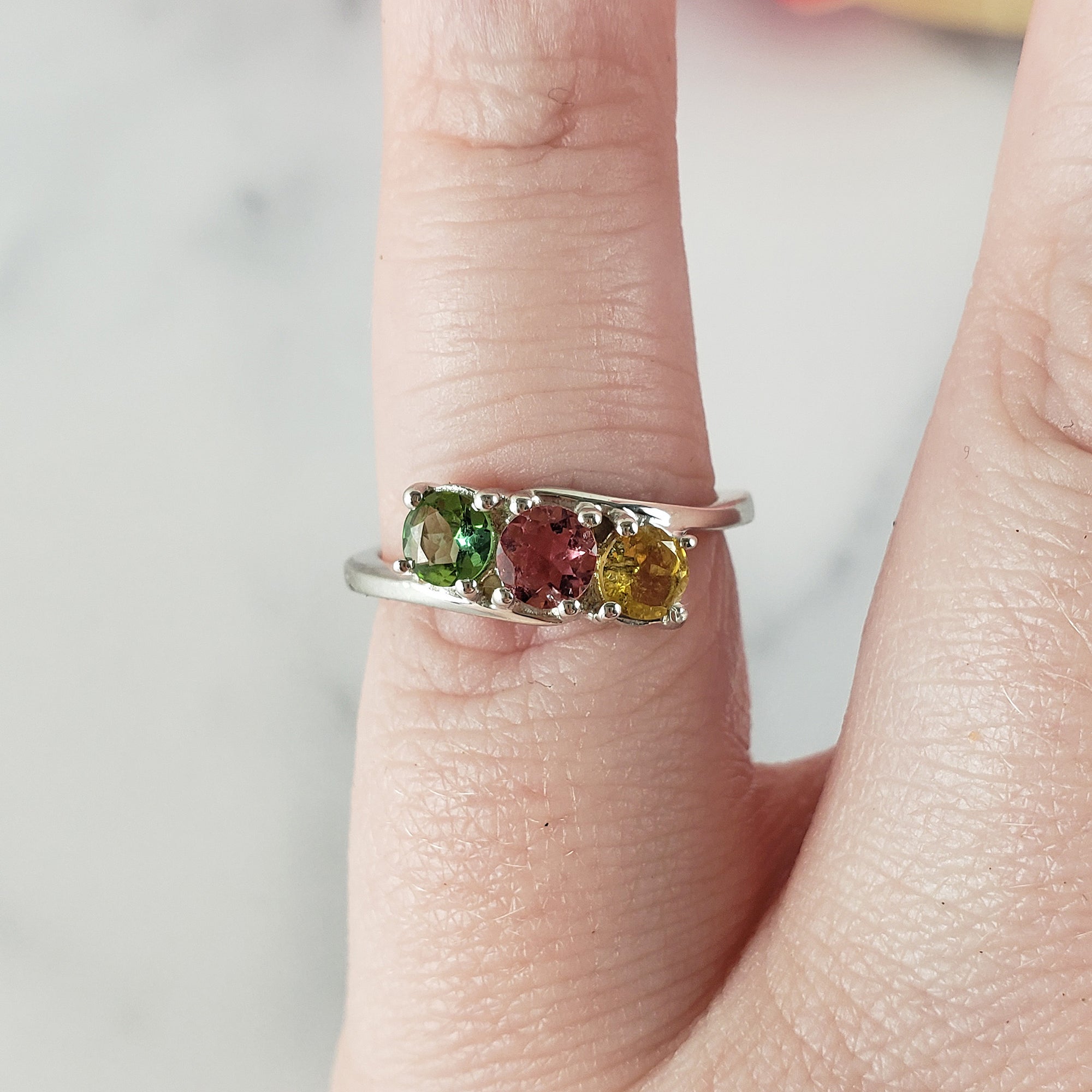 Green Tourmaline, Pink Tourmaline, & Yellow Tourmaline Crystal Natural Gemstone 925 Sterling Silver Ring | Size 5 - 2