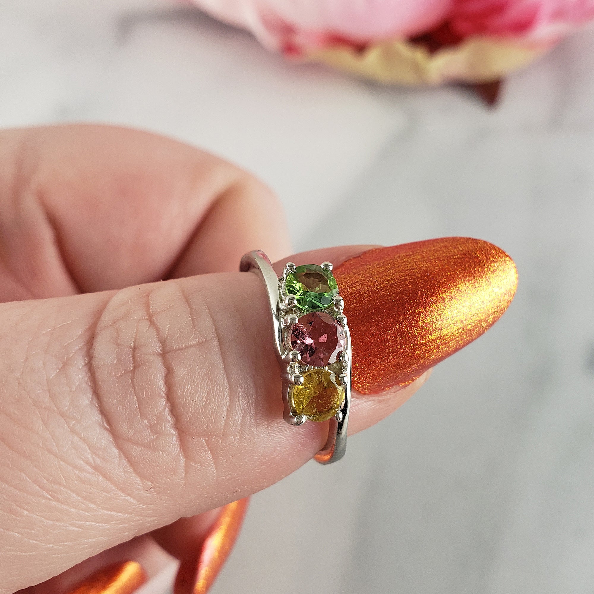 Green Tourmaline, Pink Tourmaline, &amp; Yellow Tourmaline Crystal Natural Gemstone 925 Sterling Silver Ring | Size 5 - 4