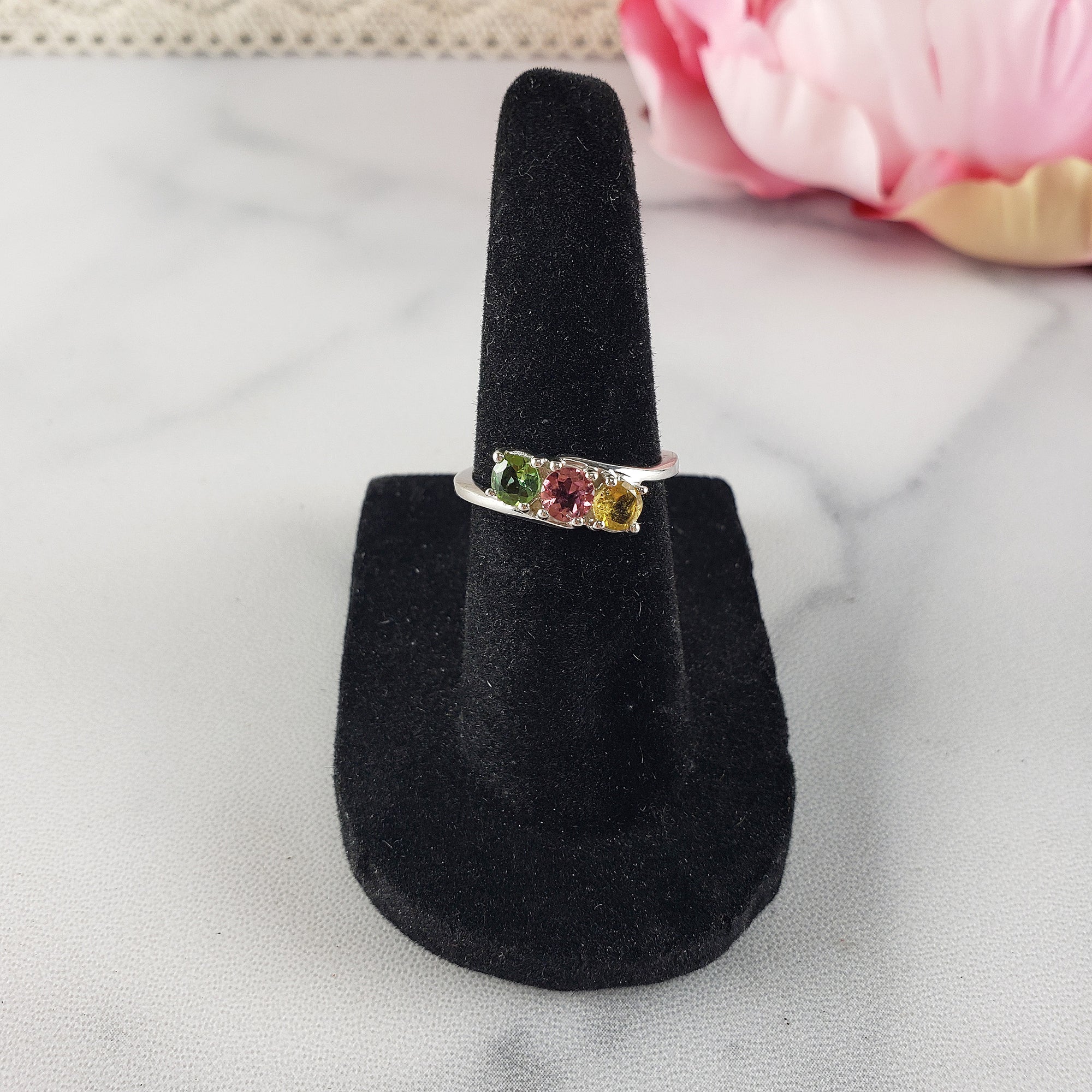 Green Tourmaline, Pink Tourmaline, & Yellow Tourmaline Crystal Natural Gemstone 925 Sterling Silver Ring | Size 5