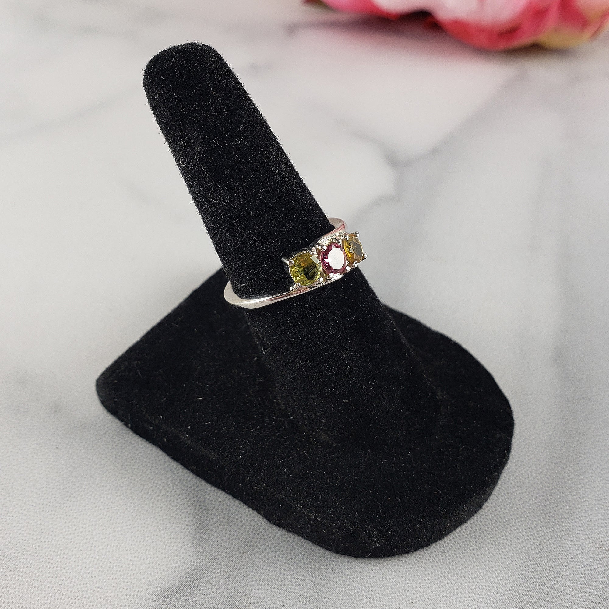 Green Tourmaline, Pink Tourmaline, &amp; Yellow Tourmaline Crystal Natural Gemstone 925 Sterling Silver Ring | Size 5 - 3