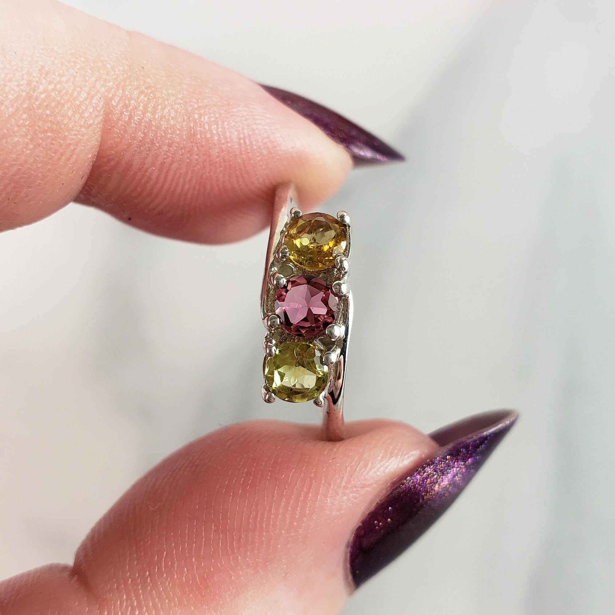 Green Tourmaline, Pink Tourmaline, & Yellow Tourmaline Crystal Natural Gemstone 925 Sterling Silver Ring | Size 5 - 1