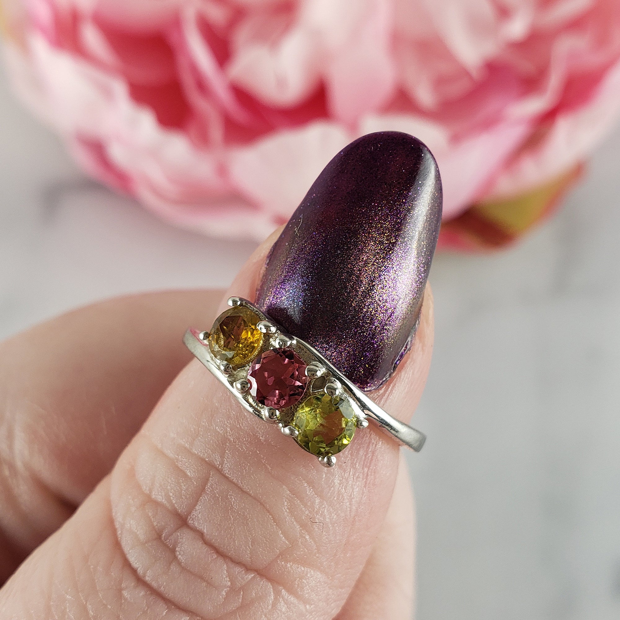 Green Tourmaline, Pink Tourmaline, &amp; Yellow Tourmaline Crystal Natural Gemstone 925 Sterling Silver Ring | Size 5 - 5