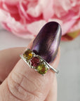 Green Tourmaline, Pink Tourmaline, & Yellow Tourmaline Crystal Natural Gemstone 925 Sterling Silver Ring | Size 5 - 5