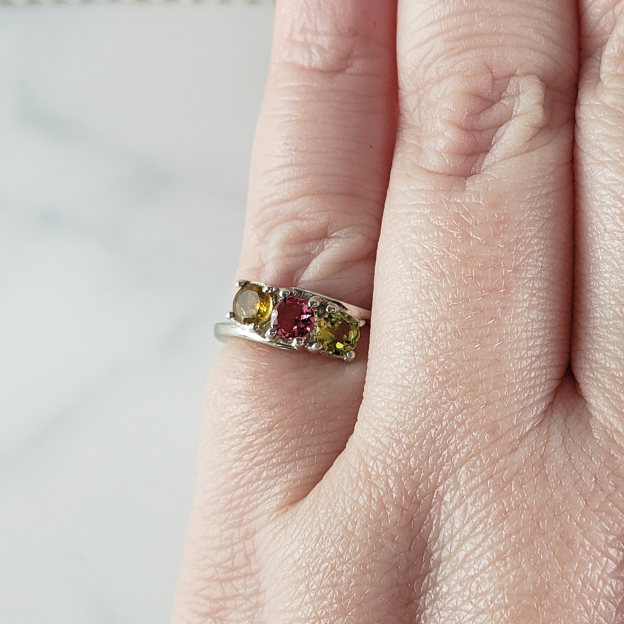 Green Tourmaline, Pink Tourmaline, & Yellow Tourmaline Crystal Natural Gemstone 925 Sterling Silver Ring | Size 5 - 2