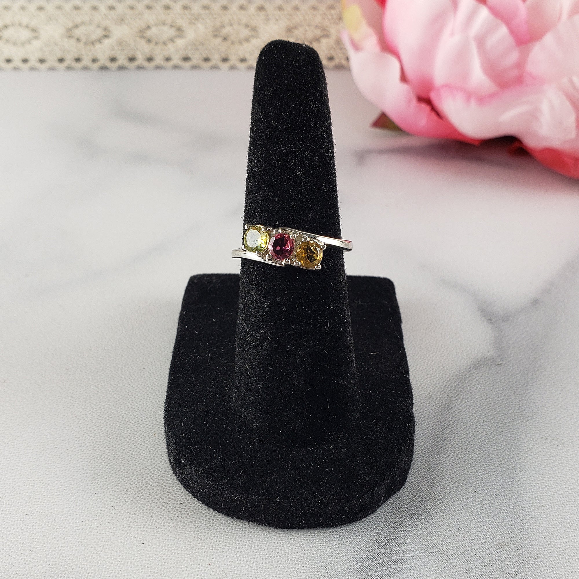 Green Tourmaline, Pink Tourmaline, & Yellow Tourmaline Crystal Natural Gemstone 925 Sterling Silver Ring | Size 5