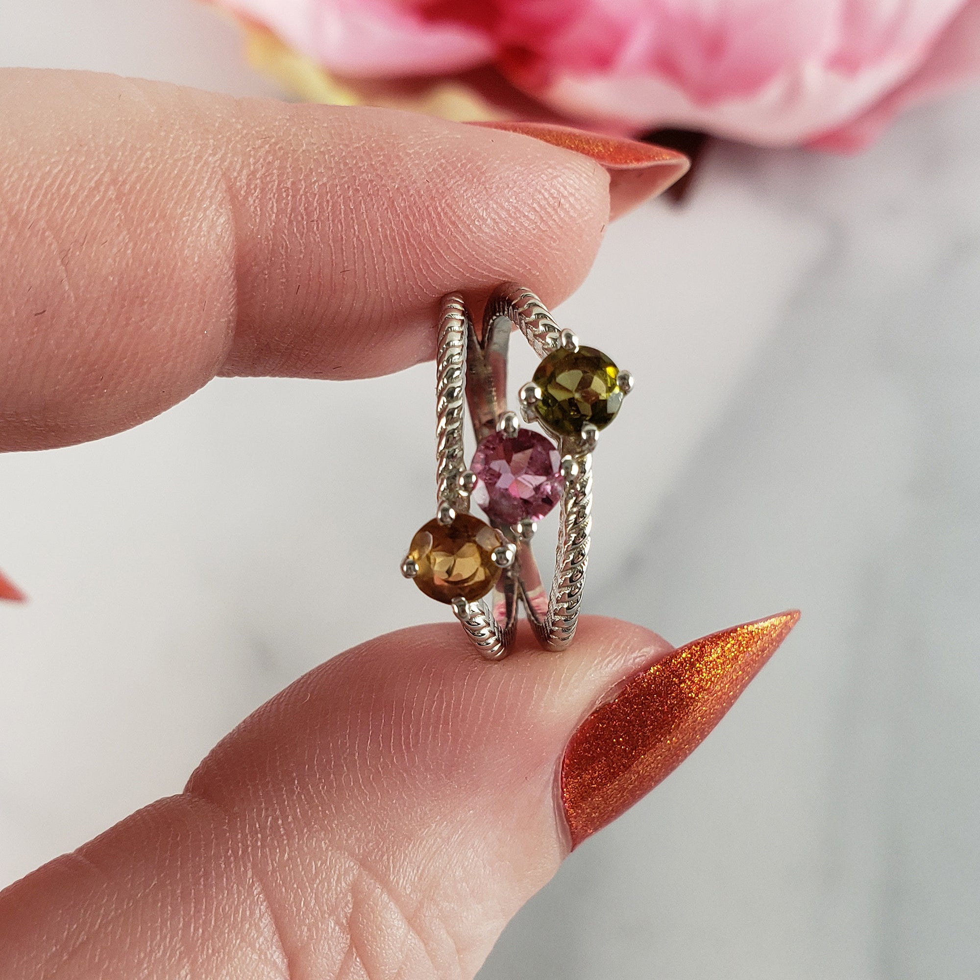 Green Tourmaline, Pink Tourmaline, &amp; Orange-Yellow Tourmaline Crystal Natural Gemstone 925 Sterling Silver Ring | Size 5 - 5