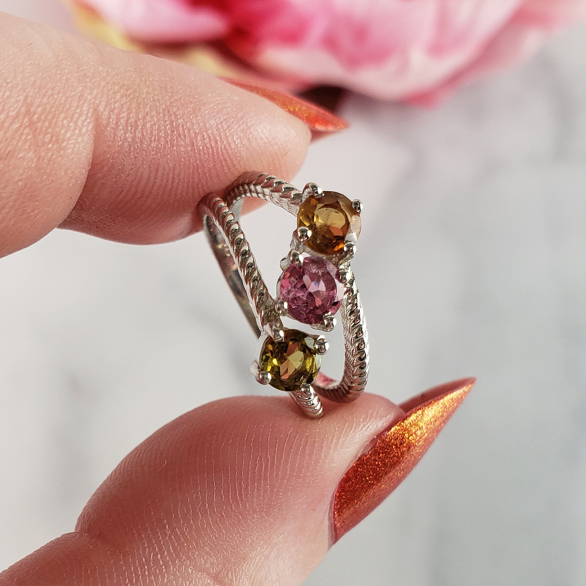 Green Tourmaline, Pink Tourmaline, & Orange-Yellow Tourmaline Crystal Natural Gemstone 925 Sterling Silver Ring | Size 5 - 1