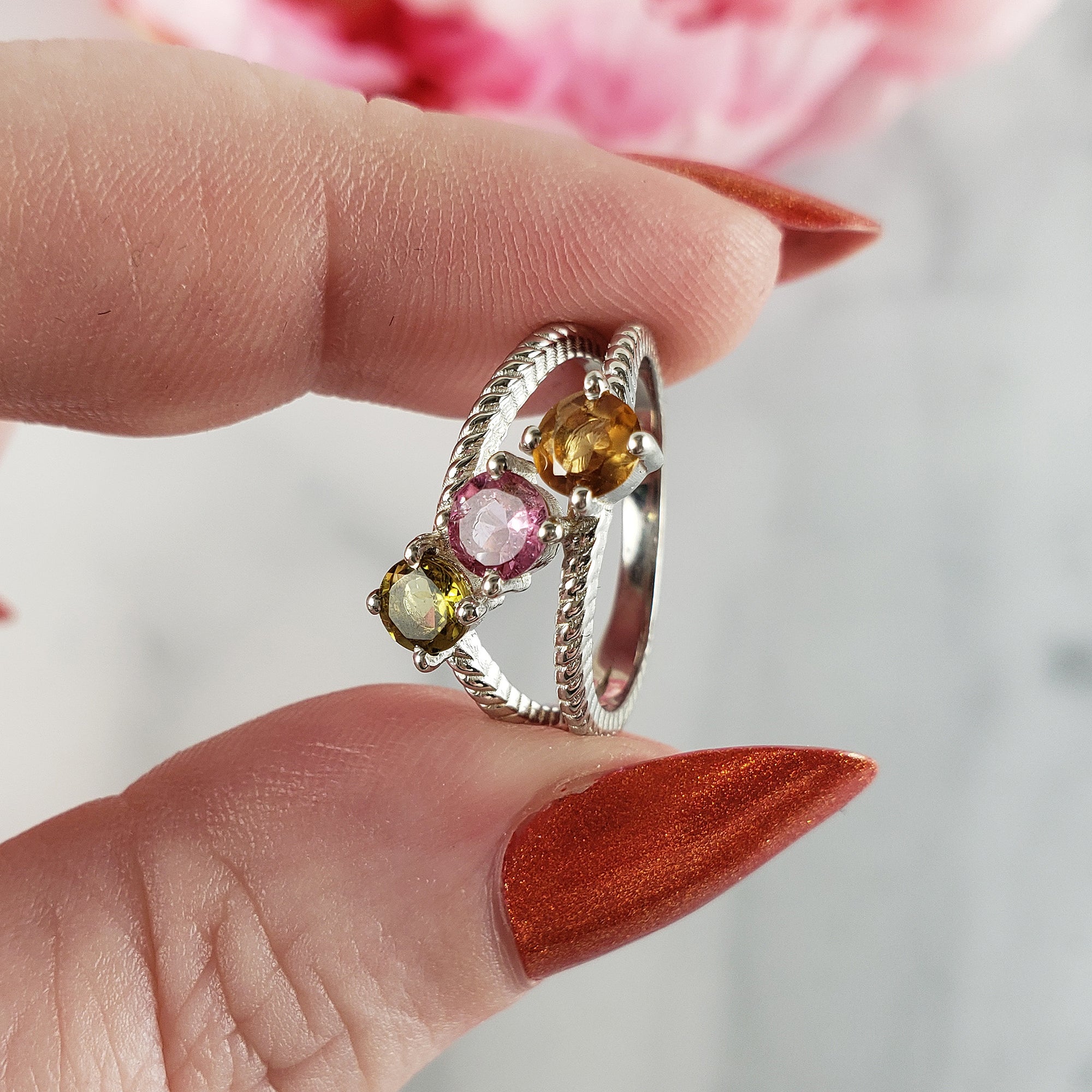 Green Tourmaline, Pink Tourmaline, &amp; Orange-Yellow Tourmaline Crystal Natural Gemstone 925 Sterling Silver Ring | Size 5 - 3