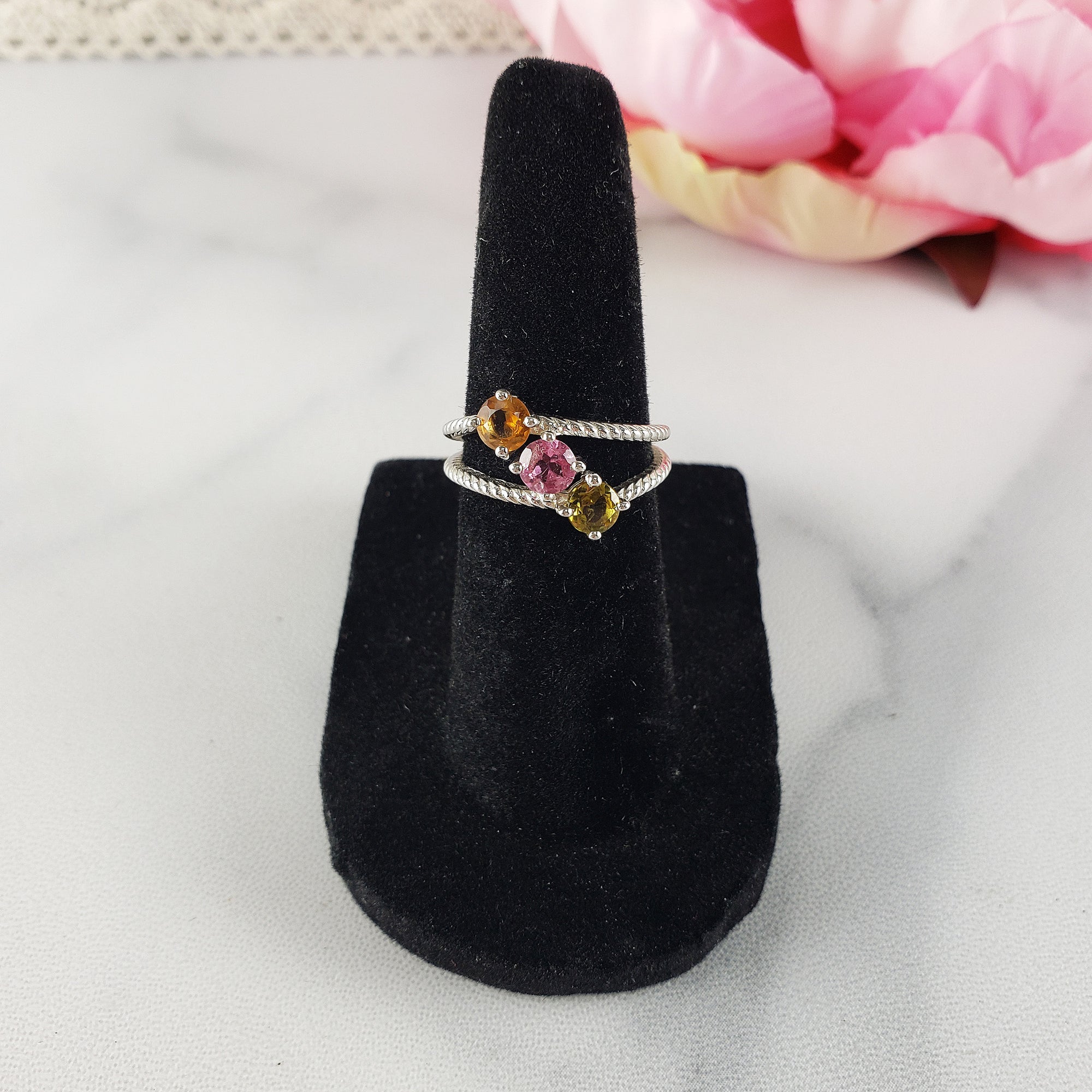 Green Tourmaline, Pink Tourmaline, & Orange-Yellow Tourmaline Crystal Natural Gemstone 925 Sterling Silver Ring | Size 5
