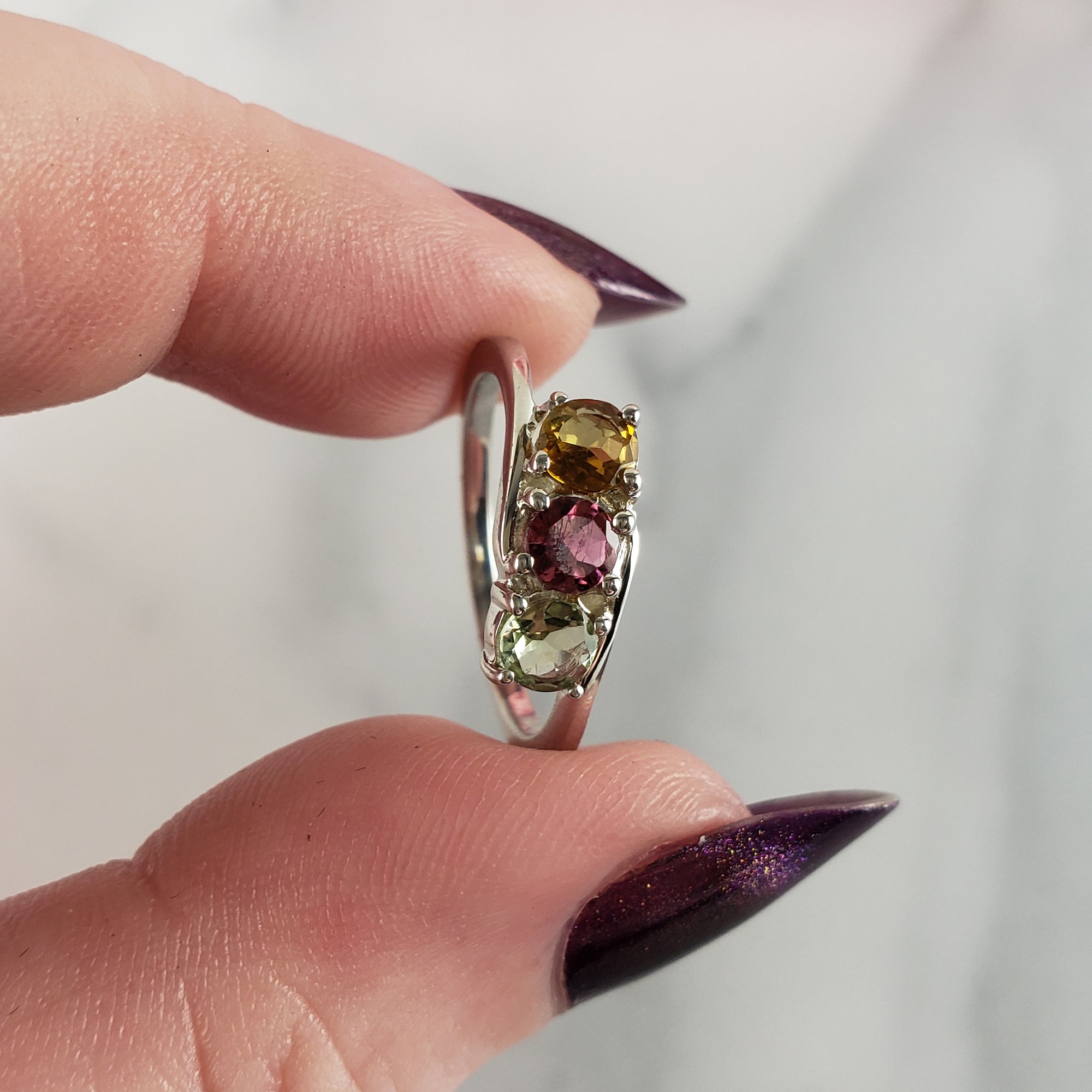 Green Tourmaline, Pink Tourmaline, &amp; Yellow Tourmaline Crystal Natural Gemstone 925 Sterling Silver Ring | Size 6 - 2
