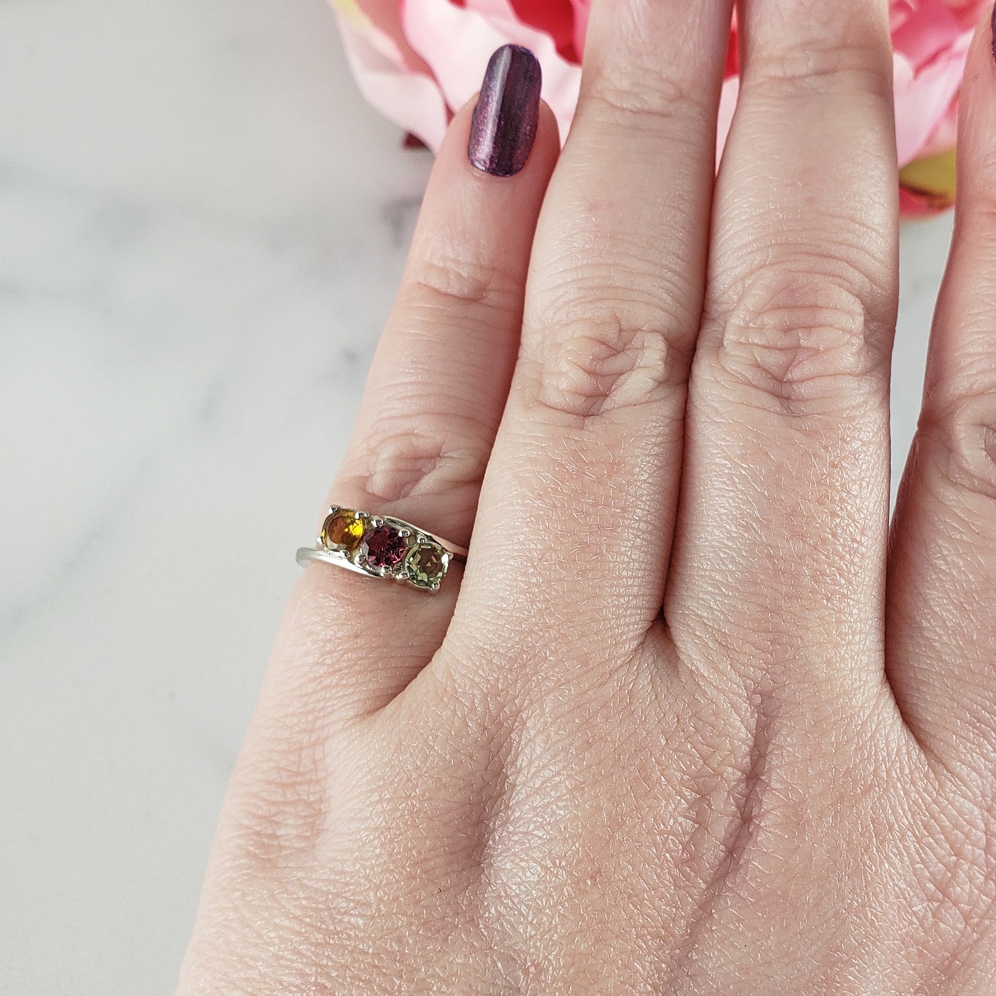 Green Tourmaline, Pink Tourmaline, & Yellow Tourmaline Crystal Natural Gemstone 925 Sterling Silver Ring | Size 6 - 4