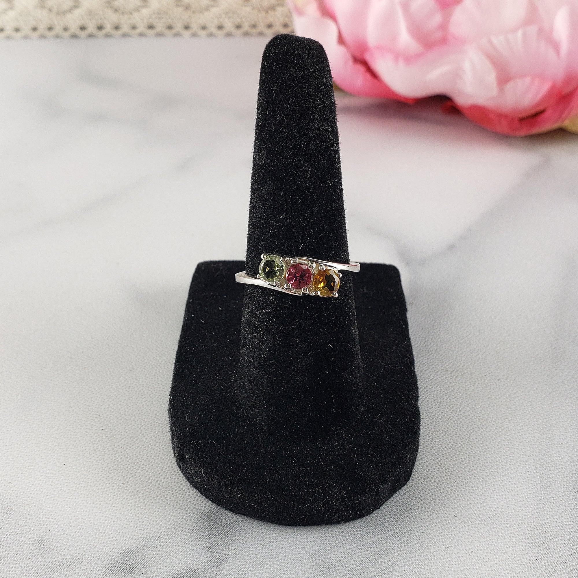 Green Tourmaline, Pink Tourmaline, & Yellow Tourmaline Crystal Natural Gemstone 925 Sterling Silver Ring | Size 6