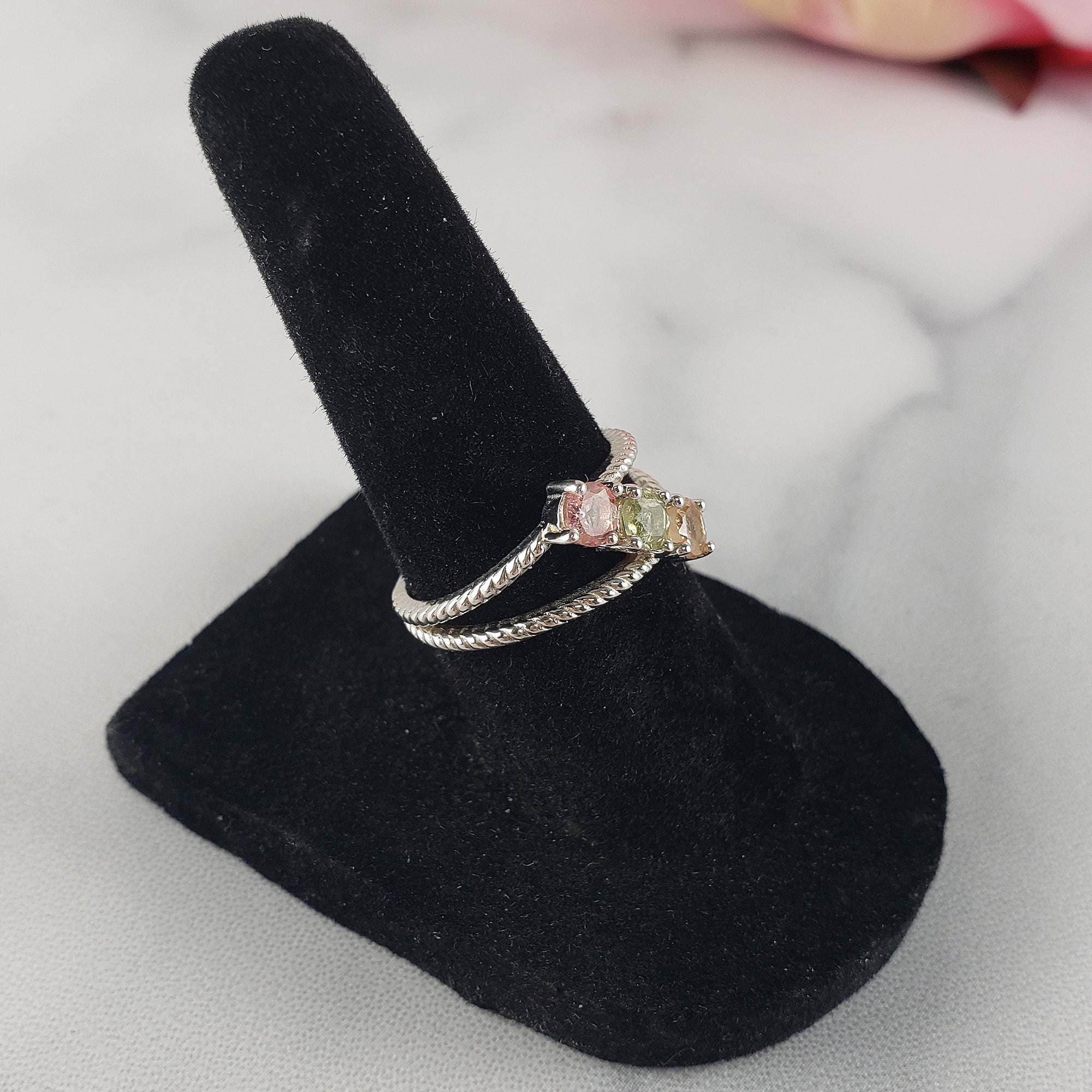 Pink Tourmaline, Green Tourmaline, &amp; Yellow Tourmaline Crystal Natural Gemstone 925 Sterling Silver Ring | Size 6 - 1