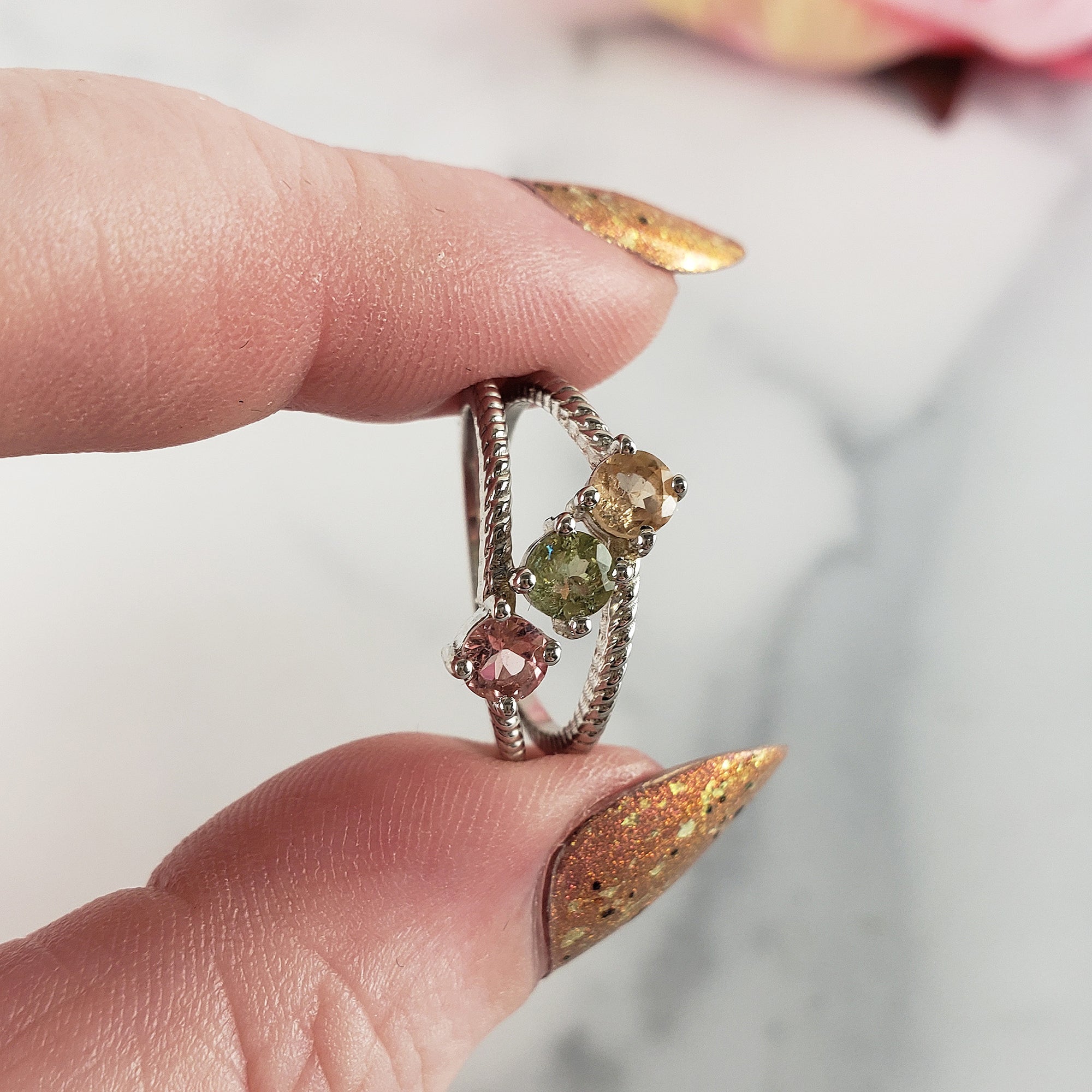 Pink Tourmaline, Green Tourmaline, &amp; Yellow Tourmaline Crystal Natural Gemstone 925 Sterling Silver Ring | Size 6 - 2