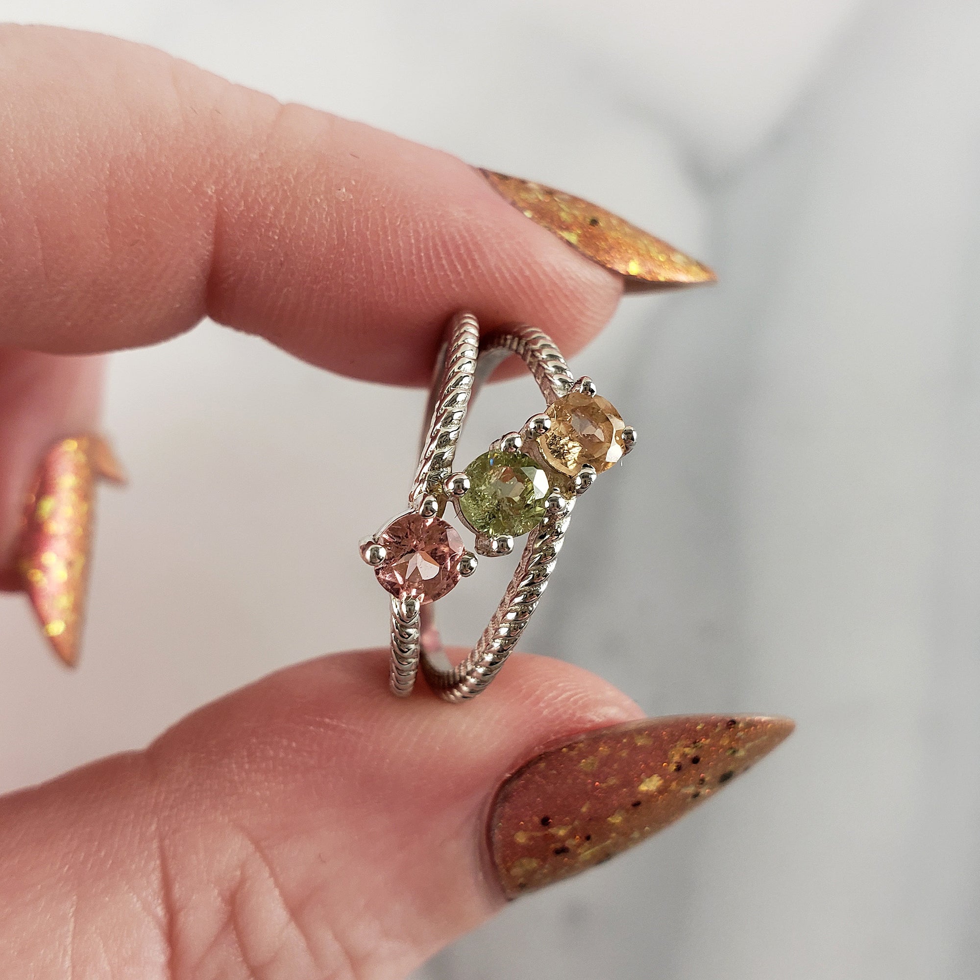 Pink Tourmaline, Green Tourmaline, &amp; Yellow Tourmaline Crystal Natural Gemstone 925 Sterling Silver Ring | Size 6 - 4