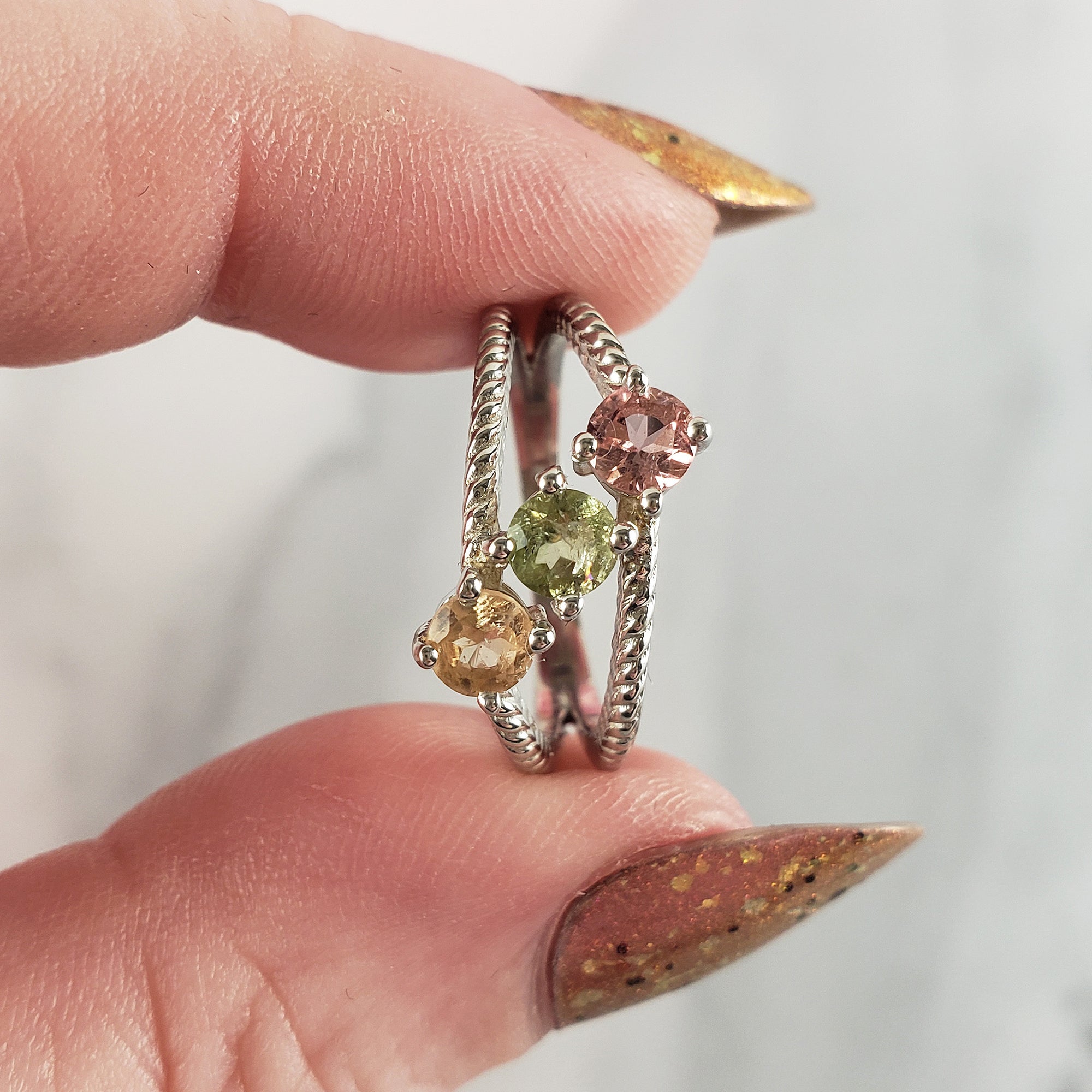 Pink Tourmaline, Green Tourmaline, & Yellow Tourmaline Crystal Natural Gemstone 925 Sterling Silver Ring | Size 6 - 5