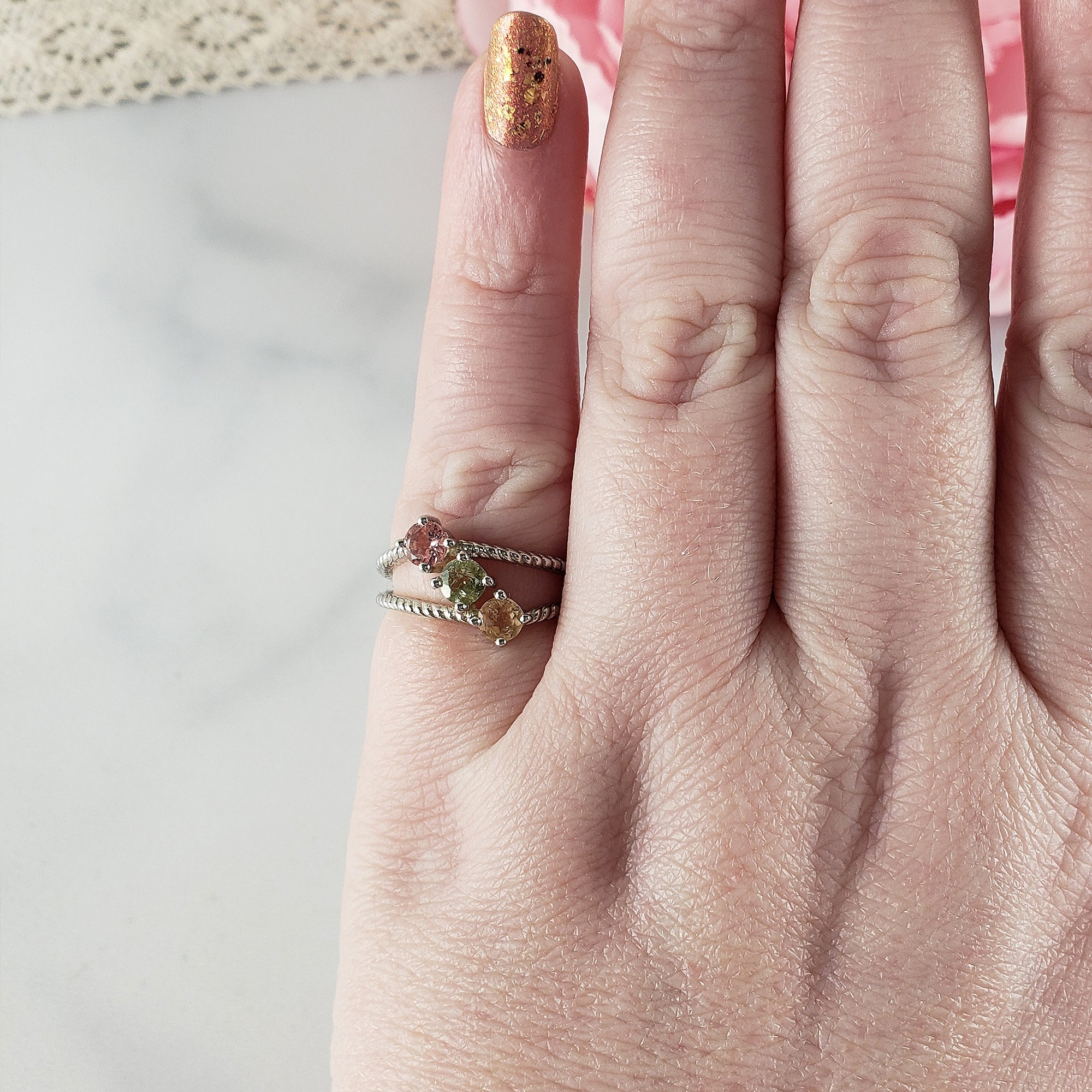 Pink Tourmaline, Green Tourmaline, & Yellow Tourmaline Crystal Natural Gemstone 925 Sterling Silver Ring | Size 6 - 6