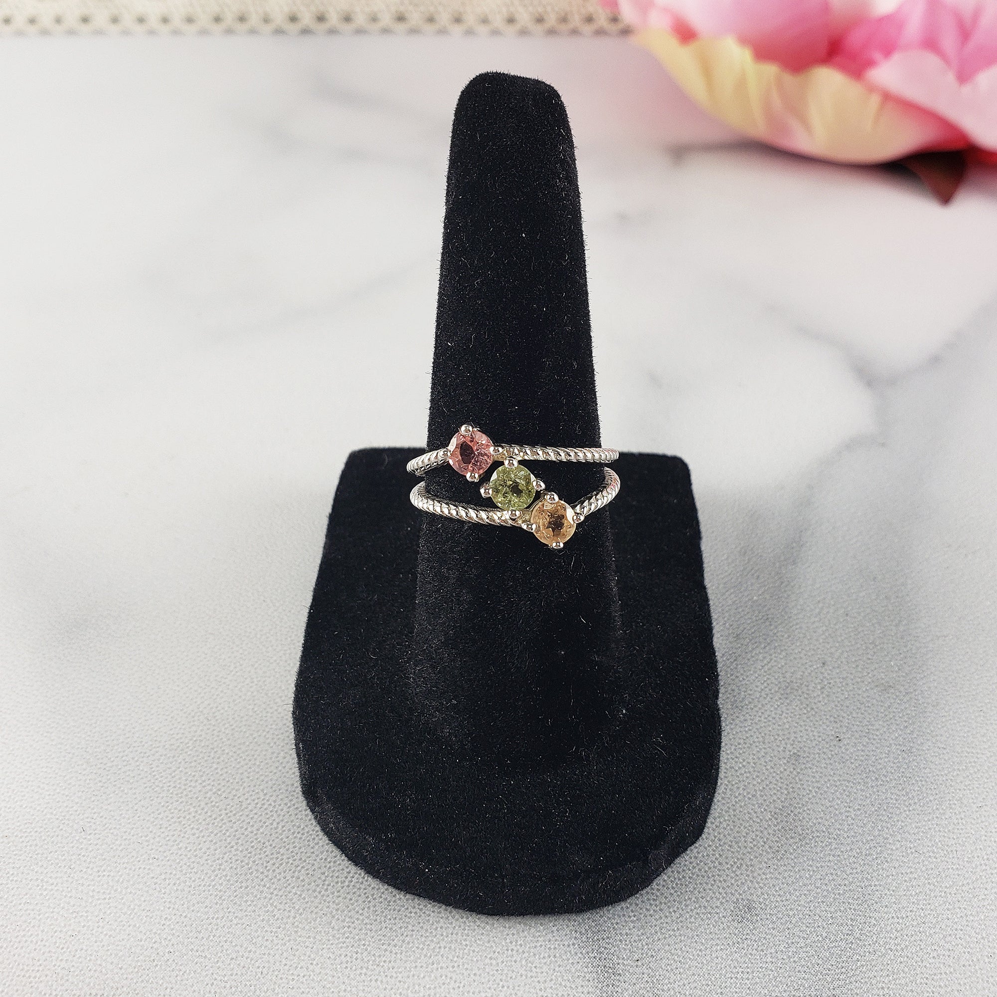 Pink Tourmaline, Green Tourmaline, & Yellow Tourmaline Crystal Natural Gemstone 925 Sterling Silver Ring | Size 6