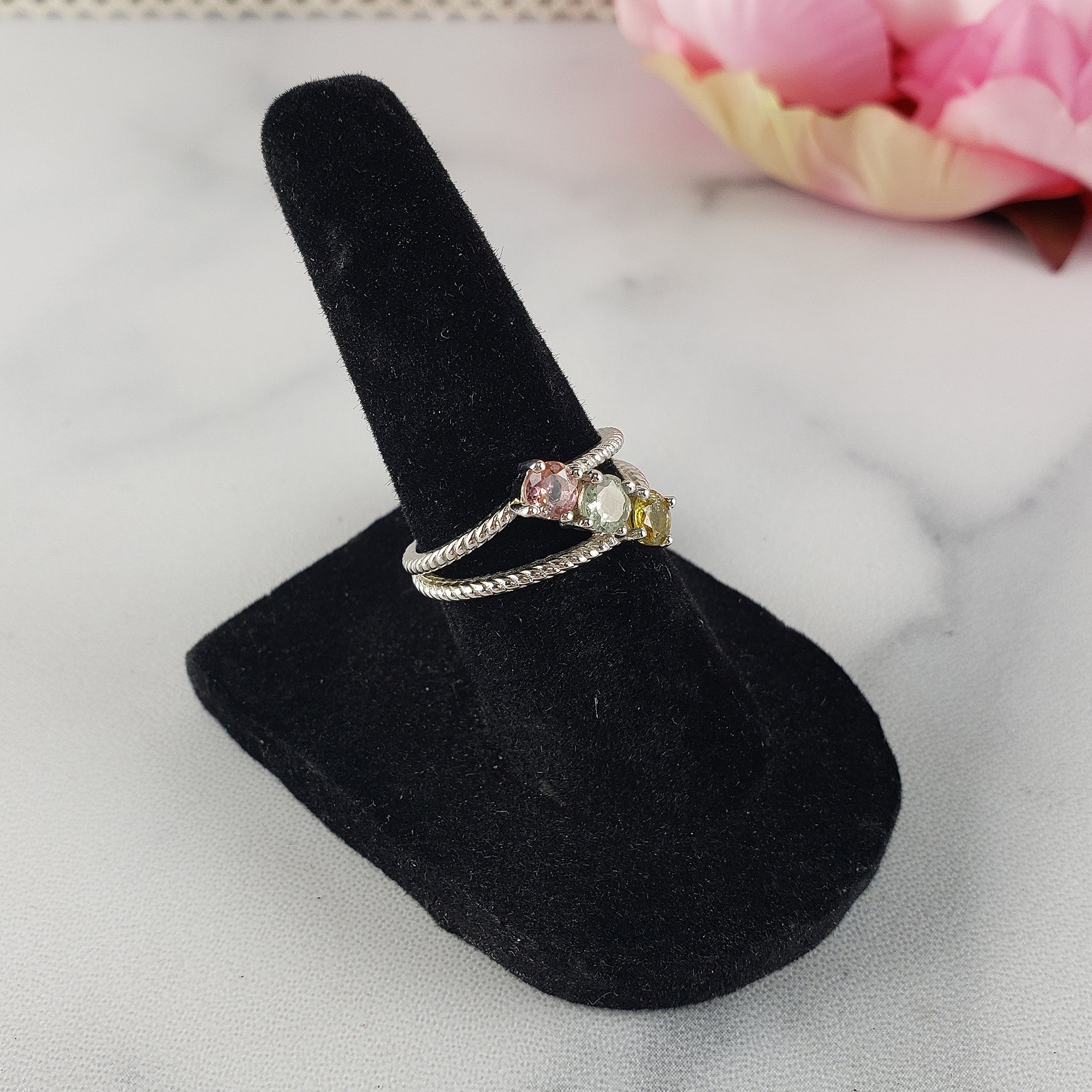 Pink Tourmaline, Blue-Green Tourmaline, &amp; Yellow Tourmaline Crystal Natural Gemstone 925 Sterling Silver Ring | Size 6 - 3