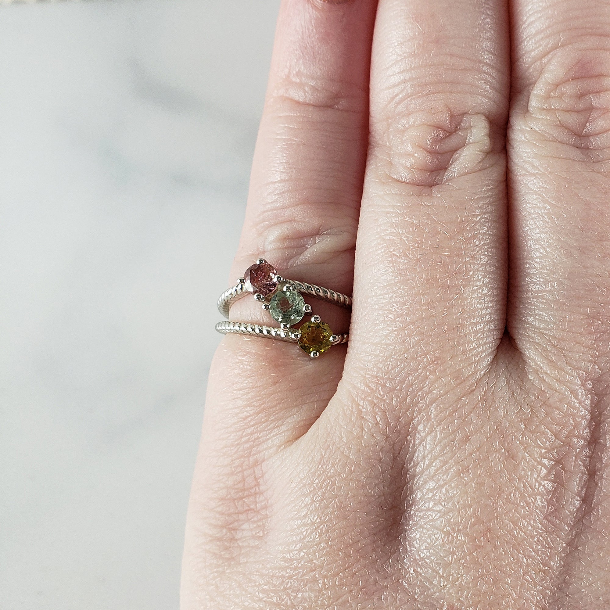 Pink Tourmaline, Blue-Green Tourmaline, &amp; Yellow Tourmaline Crystal Natural Gemstone 925 Sterling Silver Ring | Size 6 - 5