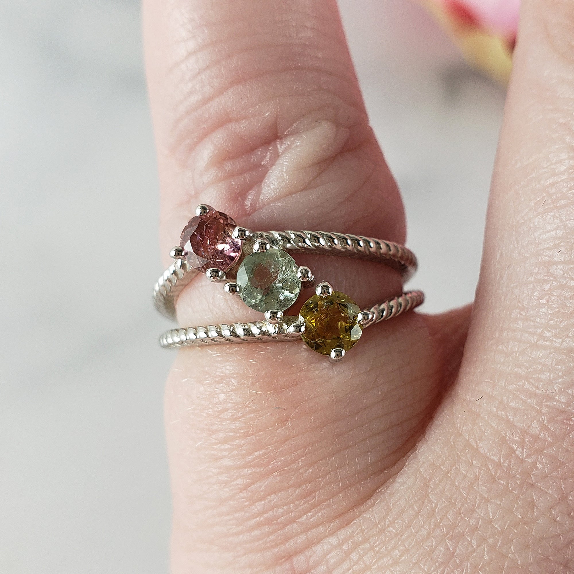 Pink Tourmaline, Blue-Green Tourmaline, & Yellow Tourmaline Crystal Natural Gemstone 925 Sterling Silver Ring | Size 6 - 2