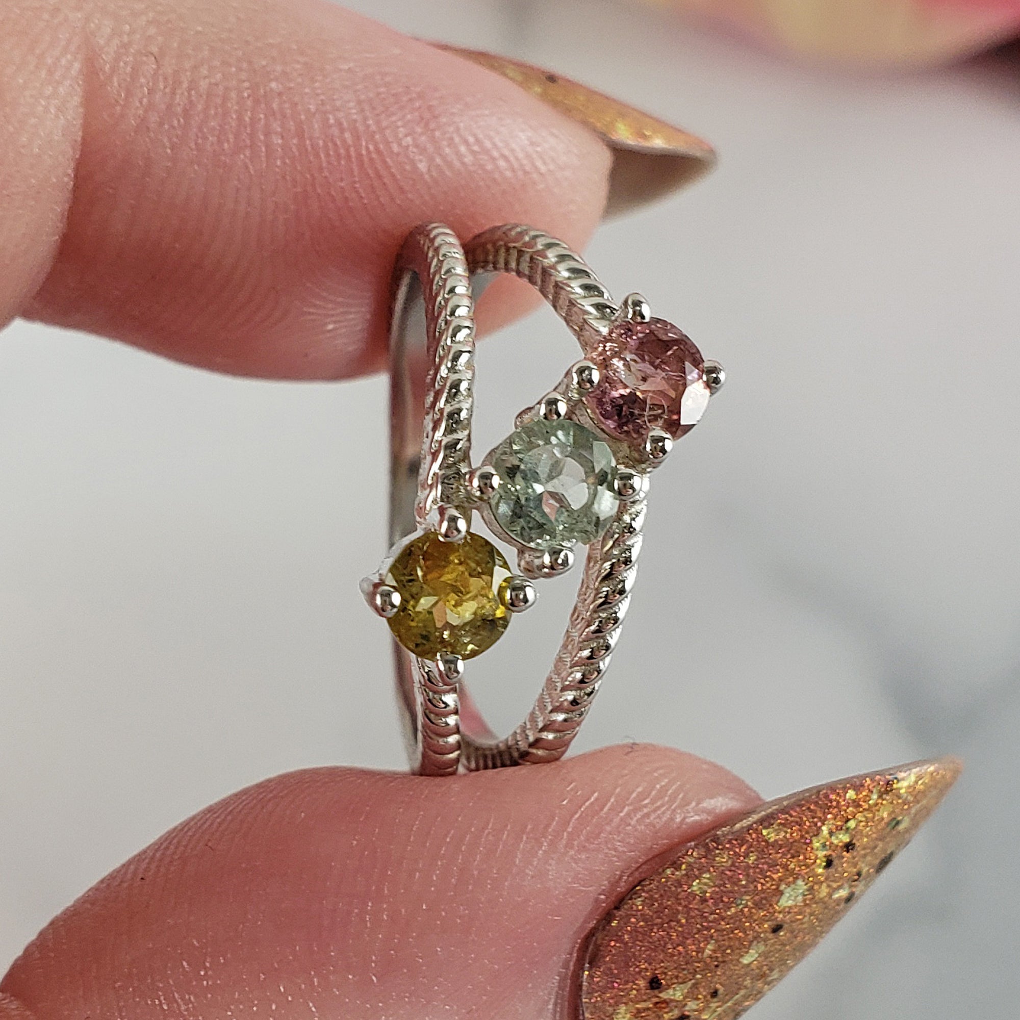 Pink Tourmaline, Blue-Green Tourmaline, &amp; Yellow Tourmaline Crystal Natural Gemstone 925 Sterling Silver Ring | Size 6 - 4