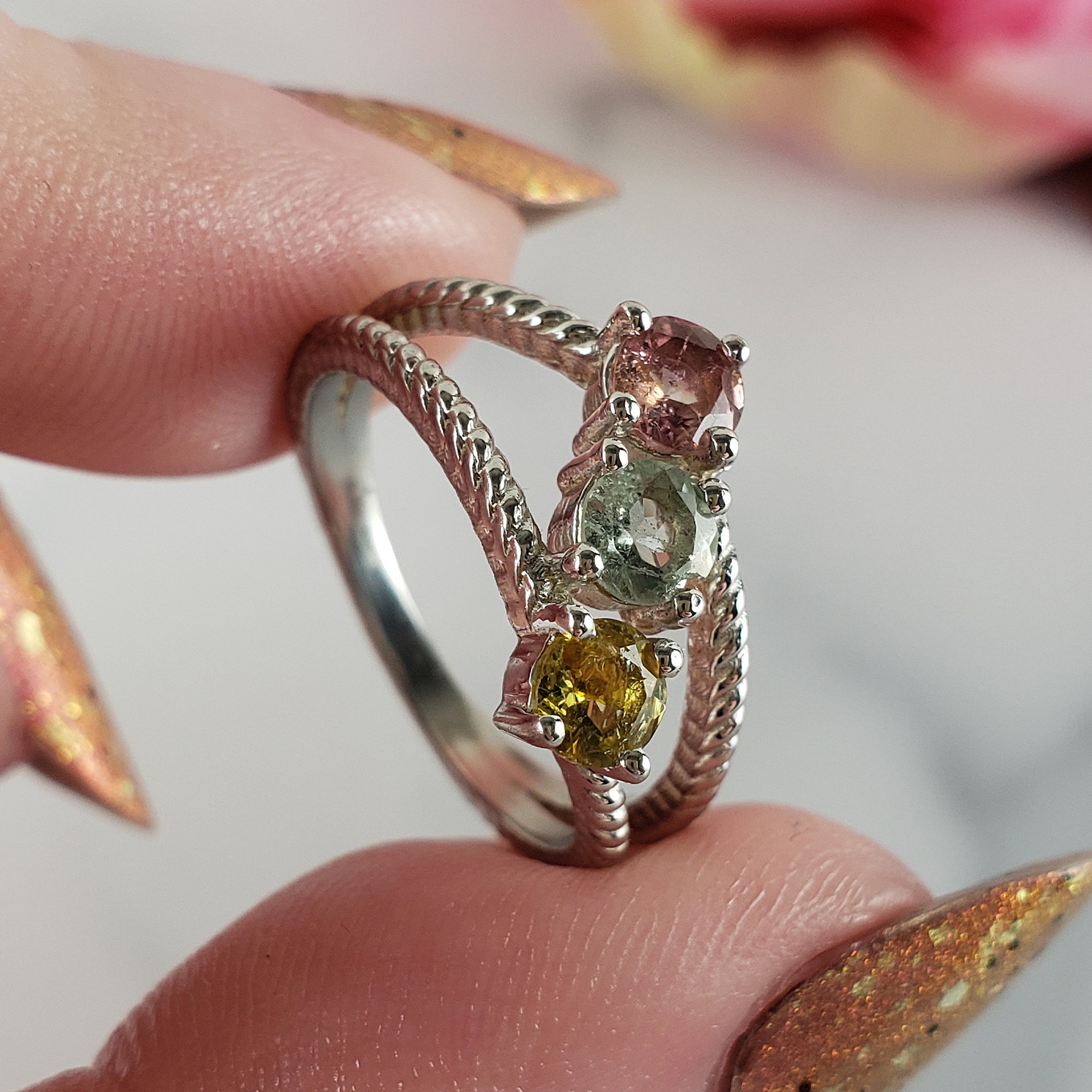 Pink Tourmaline, Blue-Green Tourmaline, &amp; Yellow Tourmaline Crystal Natural Gemstone 925 Sterling Silver Ring | Size 6 - 6