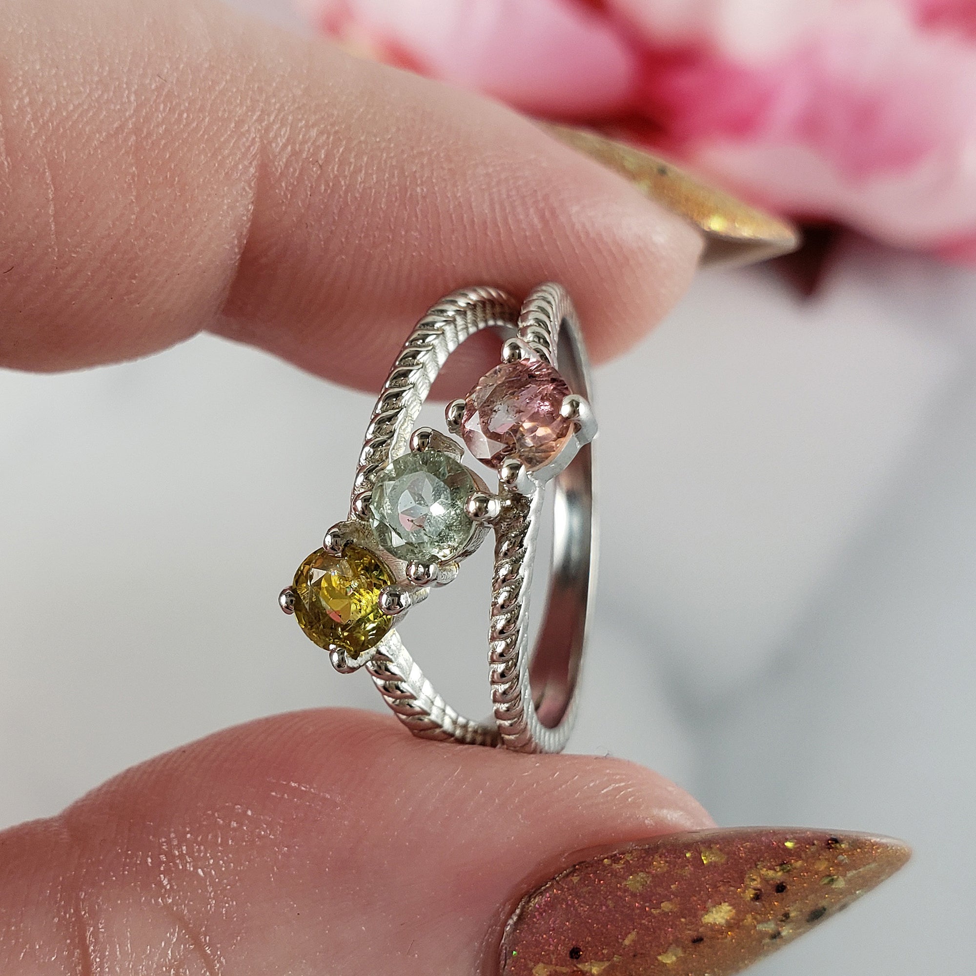 Pink Tourmaline, Blue-Green Tourmaline, & Yellow Tourmaline Crystal Natural Gemstone 925 Sterling Silver Ring | Size 6 - 1