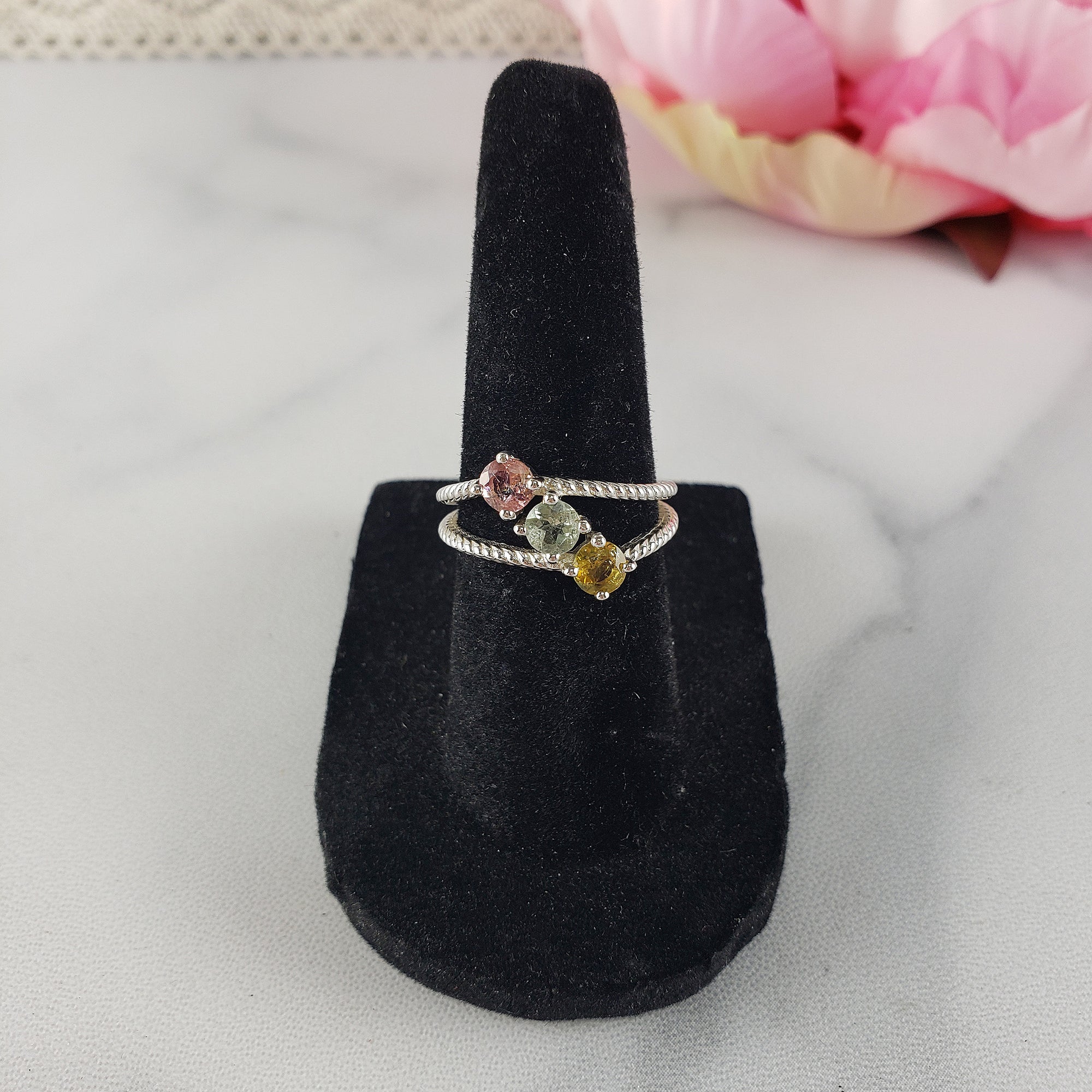 Pink Tourmaline, Blue-Green Tourmaline, & Yellow Tourmaline Crystal Natural Gemstone 925 Sterling Silver Ring | Size 6