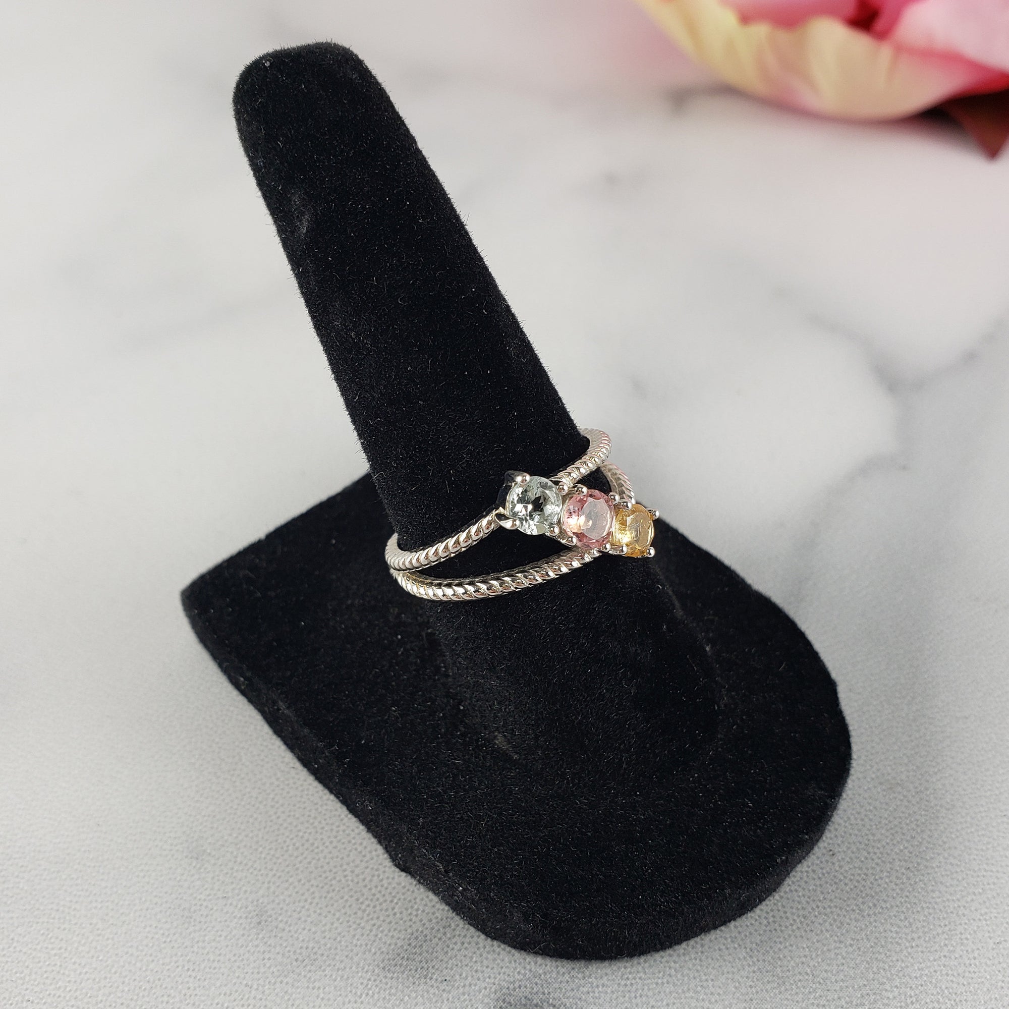 Blue-Green Tourmaline, Pink Tourmaline, &amp; Yellow Tourmaline Crystal Natural Gemstone 925 Sterling Silver Ring | Size 7 - 2