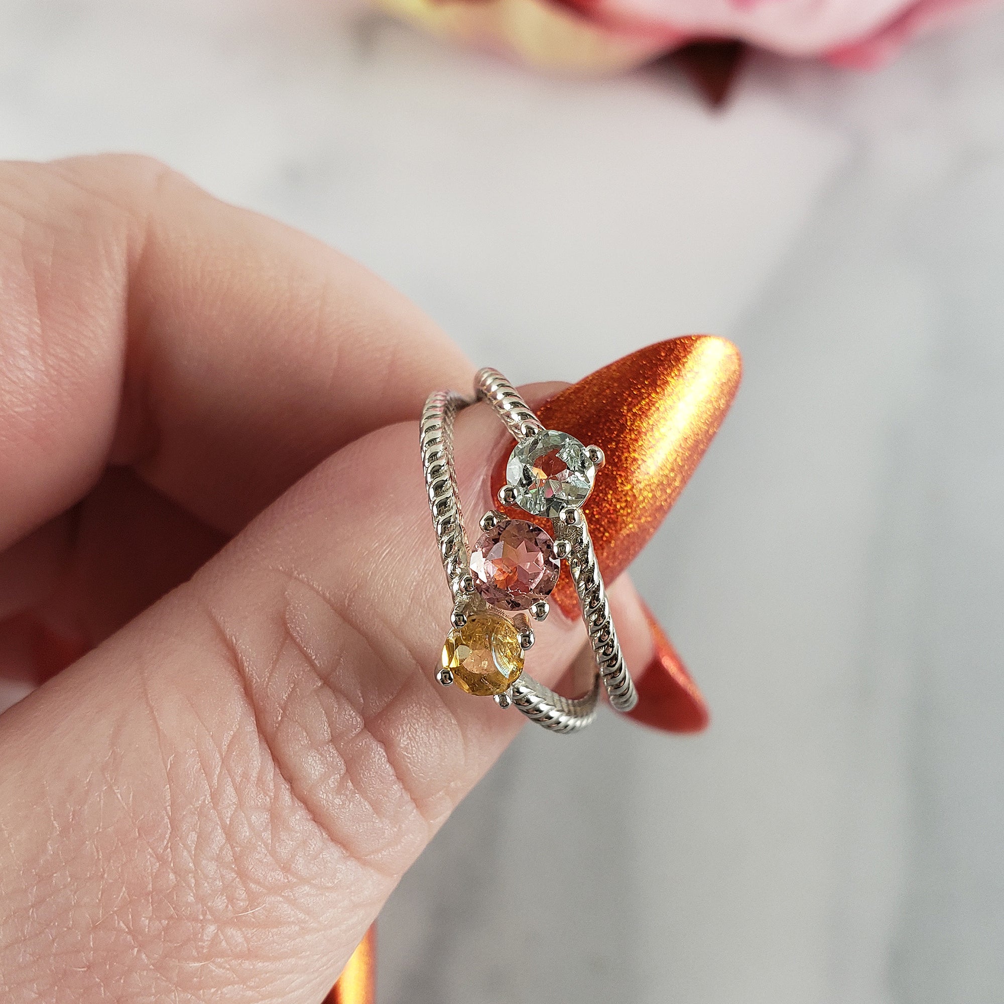 Blue-Green Tourmaline, Pink Tourmaline, &amp; Yellow Tourmaline Crystal Natural Gemstone 925 Sterling Silver Ring | Size 7 - 4