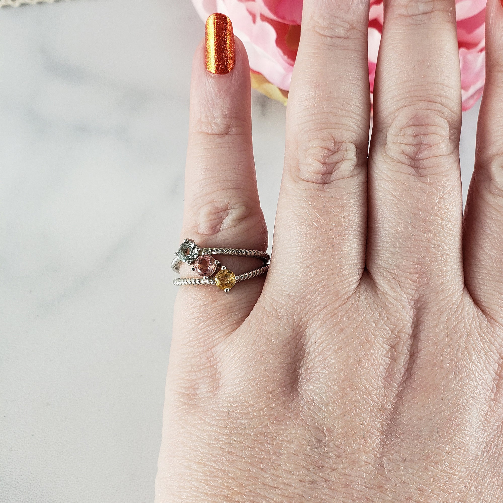 Blue-Green Tourmaline, Pink Tourmaline, & Yellow Tourmaline Crystal Natural Gemstone 925 Sterling Silver Ring | Size 7 - 5