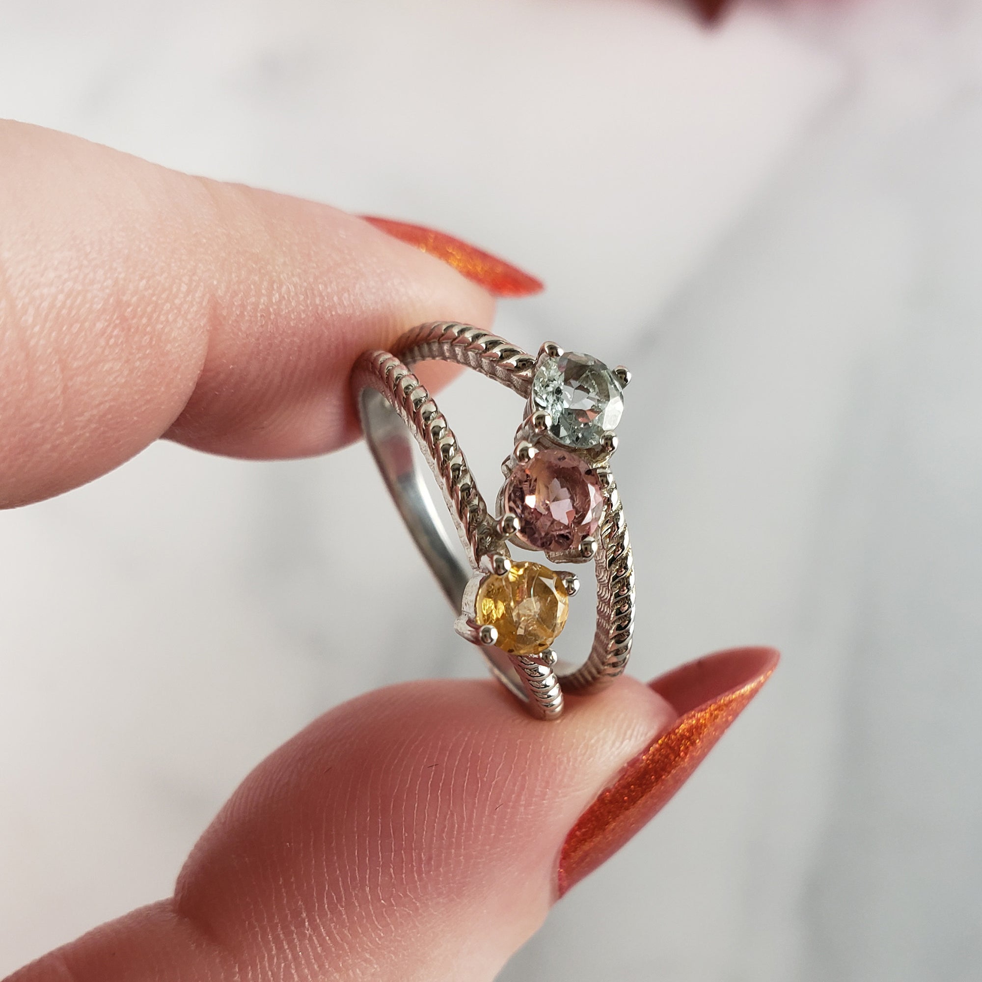 Blue-Green Tourmaline, Pink Tourmaline, & Yellow Tourmaline Crystal Natural Gemstone 925 Sterling Silver Ring | Size 7 - 1