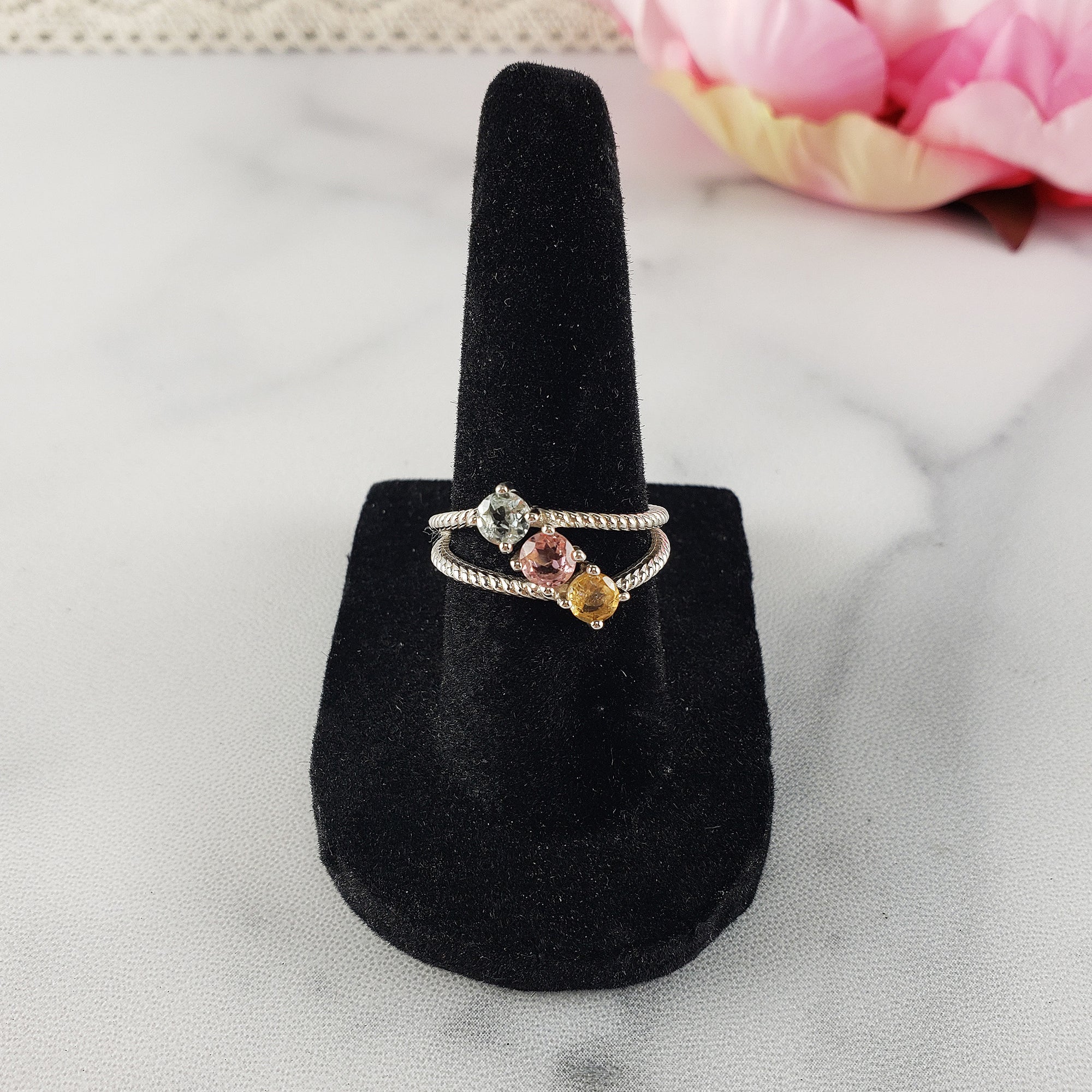 Blue-Green Tourmaline, Pink Tourmaline, & Yellow Tourmaline Crystal Natural Gemstone 925 Sterling Silver Ring | Size 7