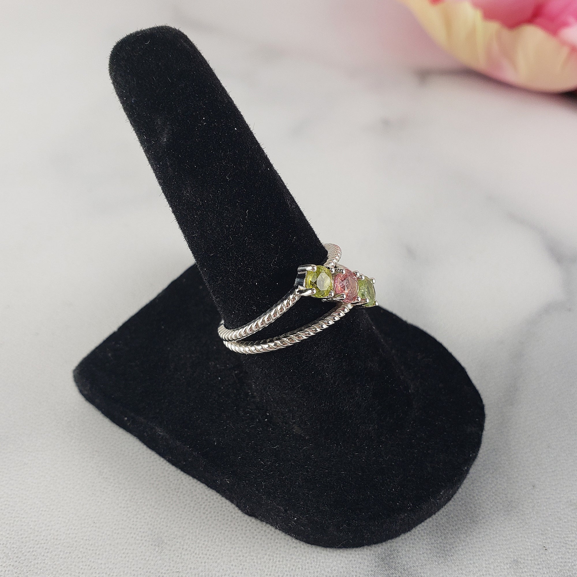 Green Tourmaline &amp; Pink Tourmaline Crystal Natural Gemstone 925 Sterling Silver Ring | Size 7 - 1
