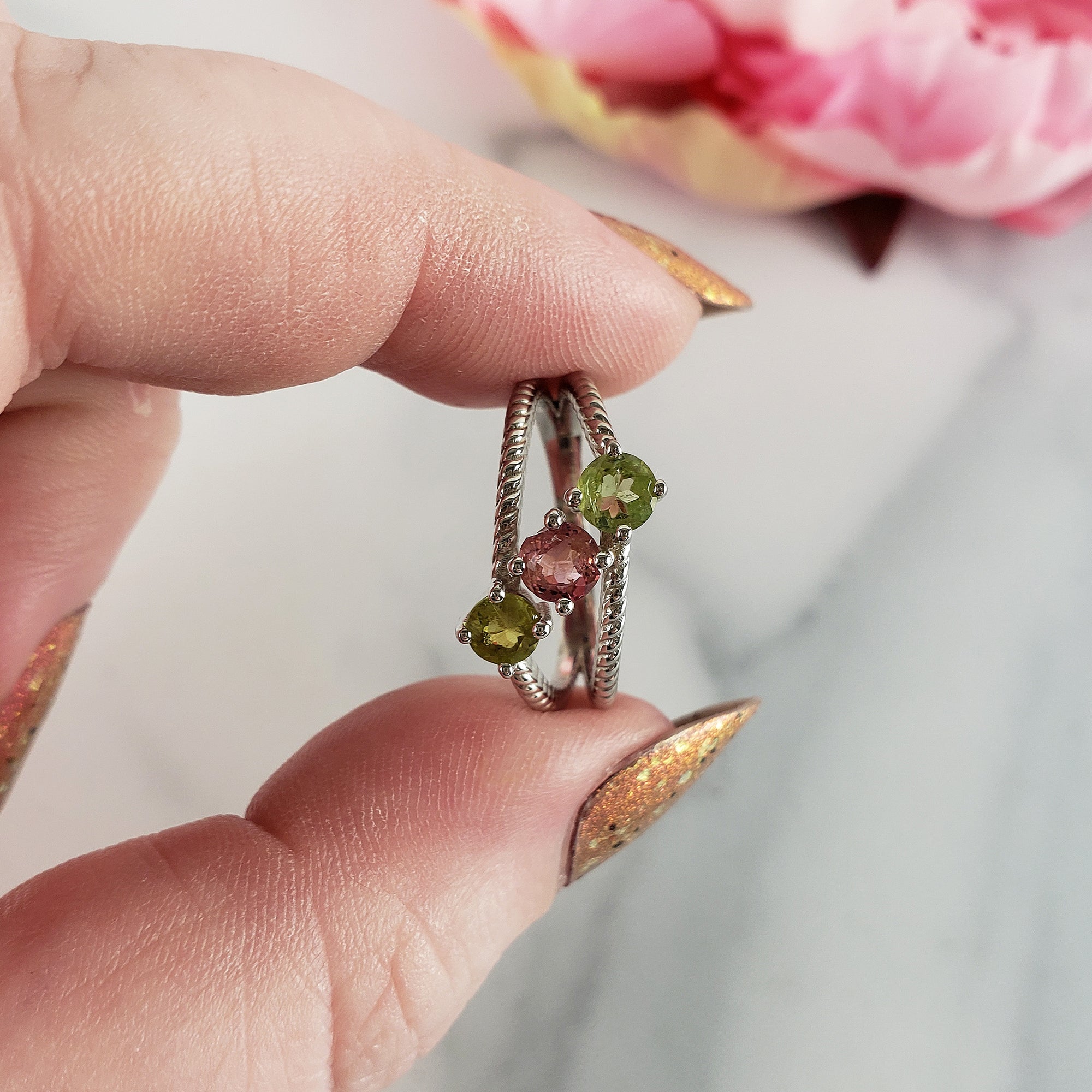 Green Tourmaline &amp; Pink Tourmaline Crystal Natural Gemstone 925 Sterling Silver Ring | Size 7 - 2