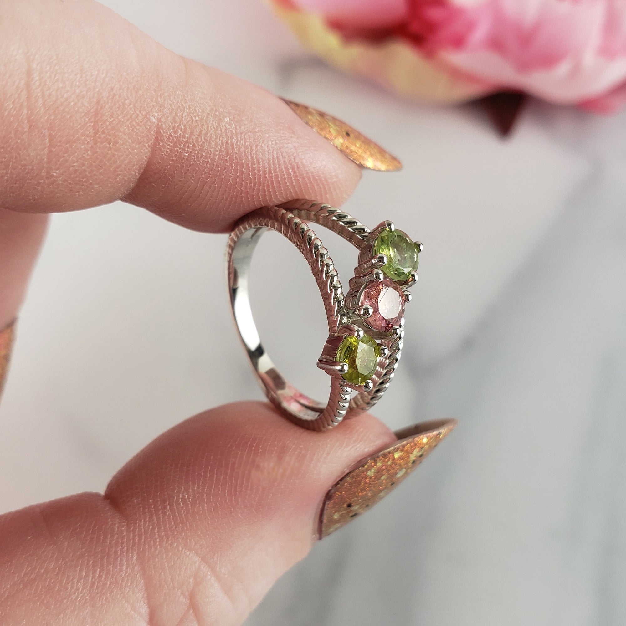 Green Tourmaline &amp; Pink Tourmaline Crystal Natural Gemstone 925 Sterling Silver Ring | Size 7 -  3