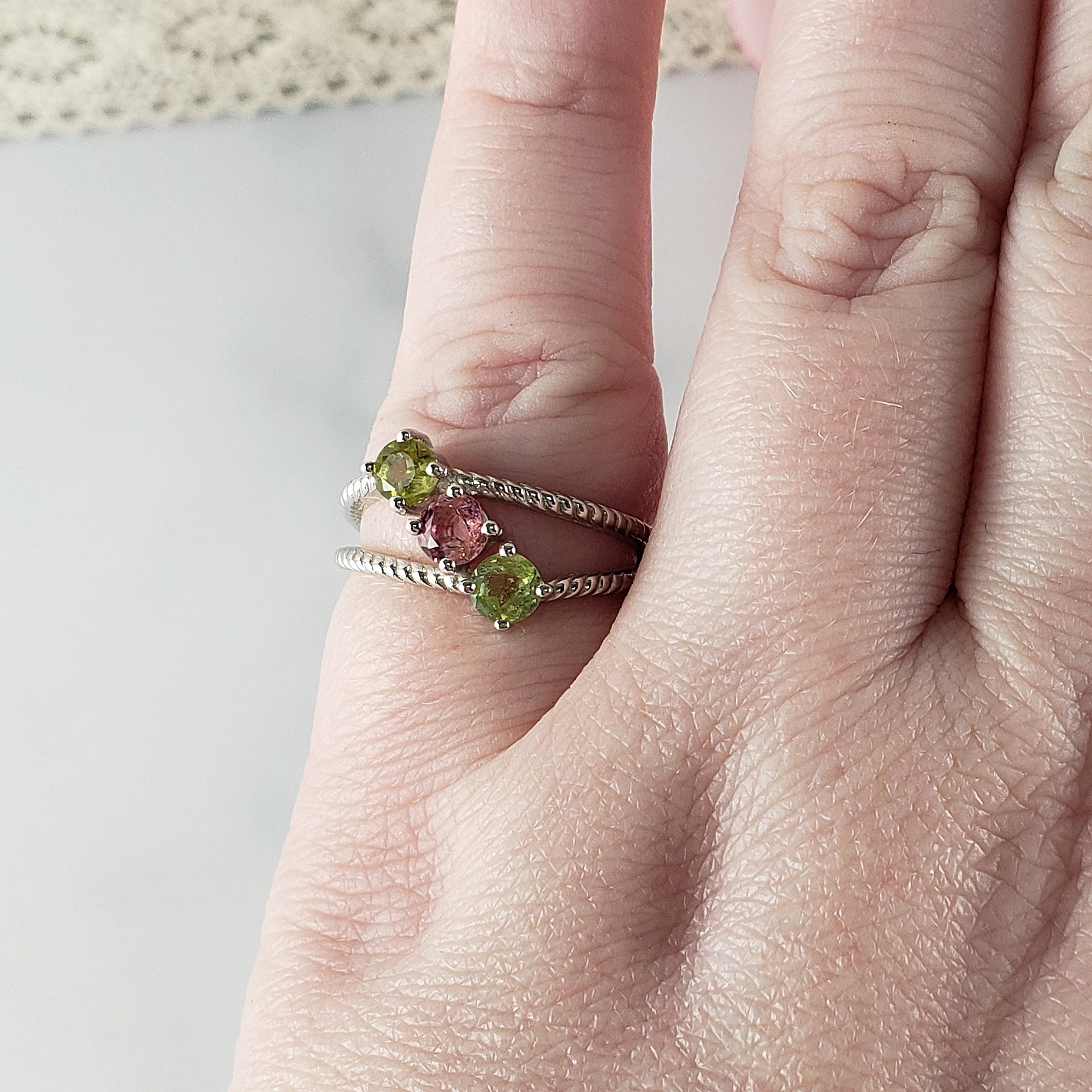 Green Tourmaline &amp; Pink Tourmaline Crystal Natural Gemstone 925 Sterling Silver Ring | Size 7 - 4