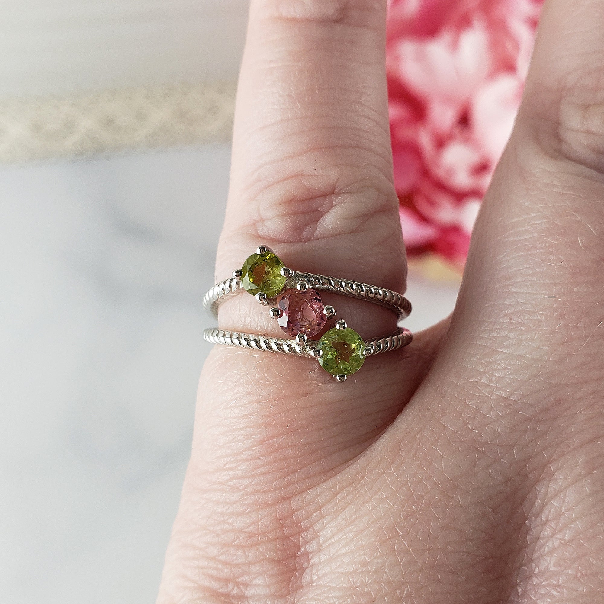 Green Tourmaline & Pink Tourmaline Crystal Natural Gemstone 925 Sterling Silver Ring | Size 7 - 5